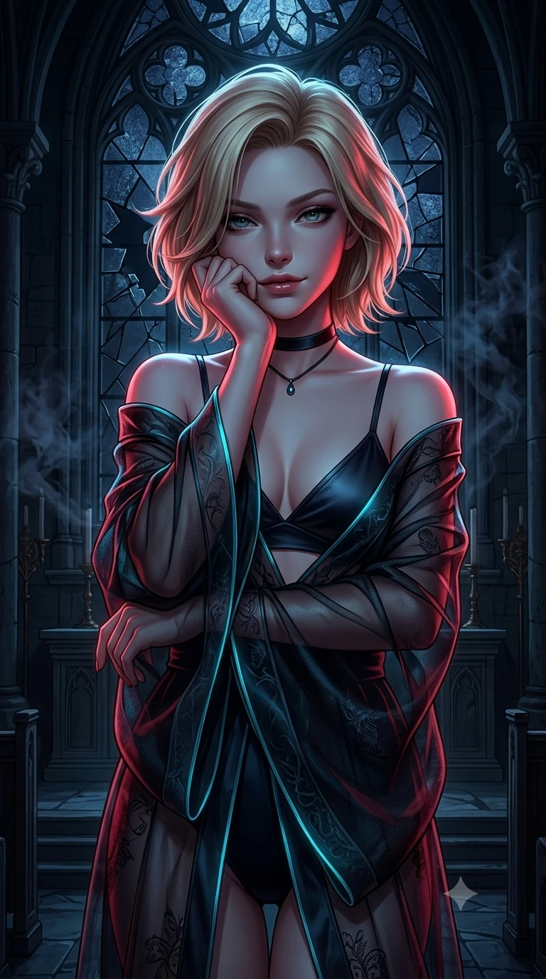 score_9, masterpiece, best quality, ultra-detailed, high-budget anime keyframe, semi-realistic 3D game render, editorial fashion photography, tasteful artistic composition, Caucasian woman. close-up cowboy shot from the waist and thighs up, the character dominates the composition, filling the frame with her large presence. resting her chin on the backs of her fingers with an air of effortless superiority and parted glossy lips while standing before a shattered dark stained-glass window in a midnight gothic cathedral, dark smoke clouds from black incense drifting through cold air. The surrounding environment is rendered in vivid detail and crisp panoramic clarity: detailed precision-fitted liquid vinyl dress cling, onyx hardware accents, and gothic architectural lines in razor-sharp precision. She has an exceptionally elegant, slender, and willowy female figure with an ultra-slim waist, flat toned midriff, narrow ribcage, and sculpted feminine hips creating an alluring, slim hourglass silhouette without bulk. sharp v-shaped jawline, high-bridge nose, intricate jewel-like dark sparkling eyes with hypnotic seductive depth, thick curled eyelashes, glossy parted lips with a natural wine sheen, alluring bedroom-eyes with an enigmatic smoldering smile, exuding magnetic sovereign charisma and dark avant-garde glamour, flawlessly proportioned anatomical accuracy, strict slender model proportions, natural body alignment, perfectly sculpted long slender limbs, ultra-slim waistline, clean dynamic posture without body distortion. wearing a sheer gossamer organza evening kimono slipping off bare shoulders over a matching satin micro-bralette and briefs in neon cyan edge-glow and dark carbon black, made of sheer gossamer chiffon that drapes softly against skin with airy translucence, finished with a minimalist dark choker and a single teardrop pendant, the bespoke structured tailoring following the natural line of her 8.5-heads silhouette with refined elegance. illuminated by moonlit altar marble bounce and sharp blood-ruby rim lights sculpting her razor-sharp jawline, narrow waist, and curvy hips. highly saturated vibrant anime colors, detailed shading with soft gradients, rich glossy textures, high-contrast stereoscopic depth, volumetric dynamic lighting, master piece, 9:16 ratio