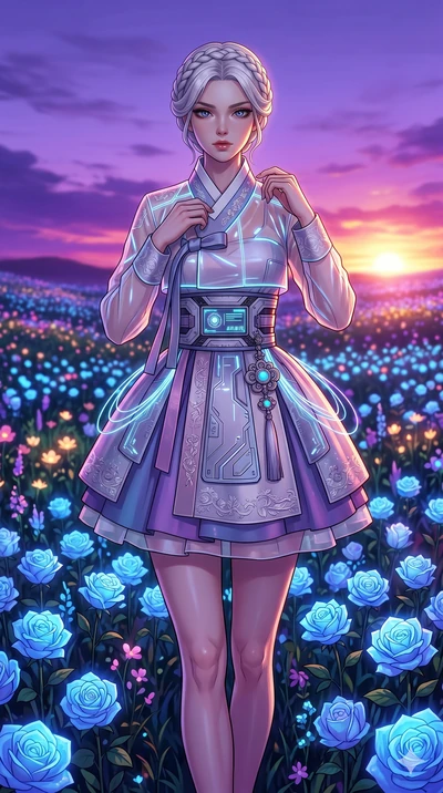 score_9, masterpiece, best quality, ultra-detailed, Set C: High-budget Anime Keyframe, Korean woman. Upper body close-up from the thighs up, character filling the screen for maximum presence. Walking through a field of blue roses under a lavender sky