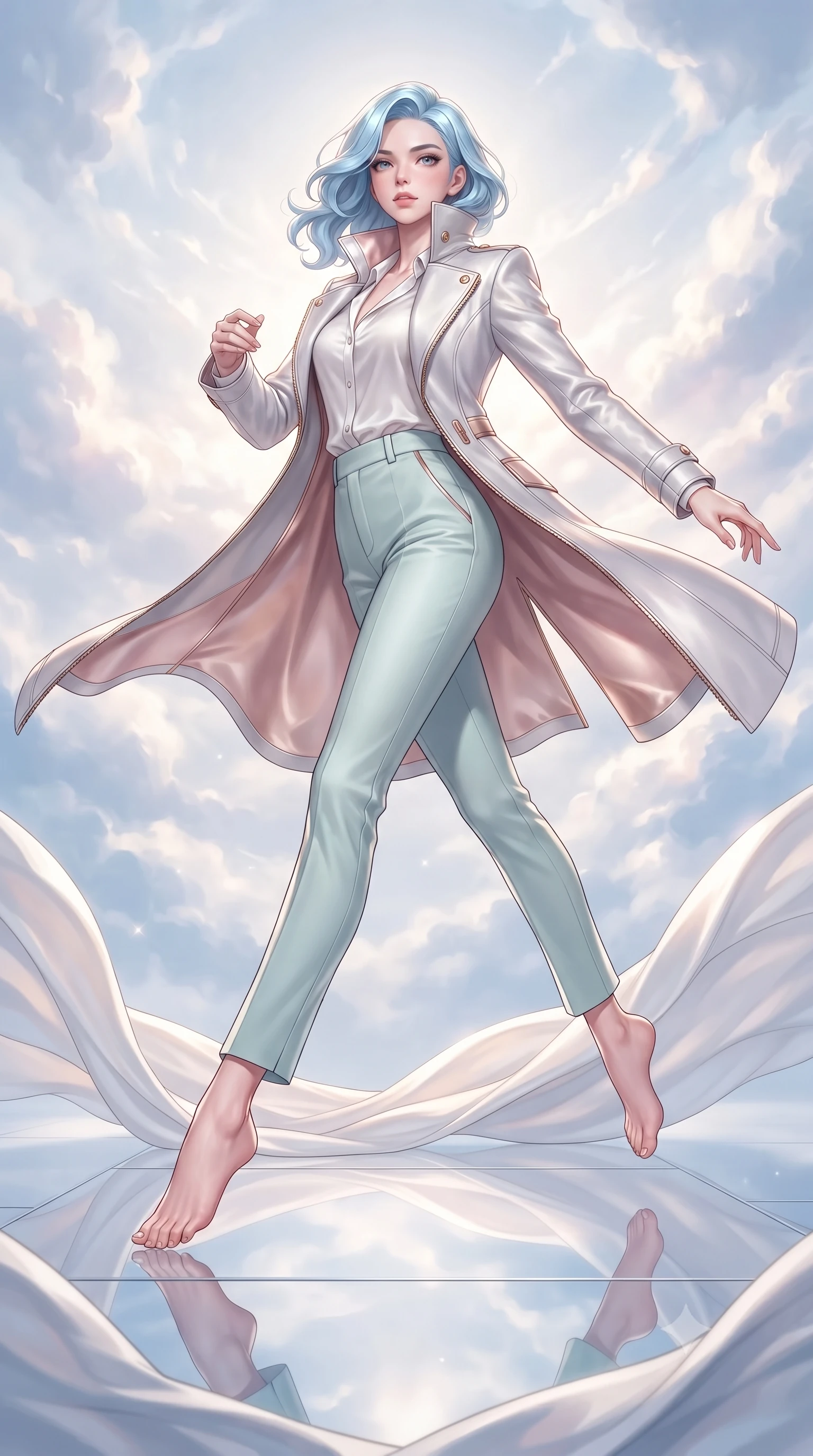 score_9, masterpiece, best quality, ultra-detailed, high-budget anime keyframe, editorial fashion photography, tasteful artistic composition, Korean woman. low angle full-body shot from head to toe showing her feet, filling the entire 9:16 vertical frame with her statuesque presence, stretching her vertical silhouette. leaping dynamically through the luminous sky, her posture full of power and elegance, standing on a polished mirror floor surrounded by zero-gravity silk drapes, pure white void background providing absolute focus on character and outfit. She has an absolutely perfect, statuesque 8.5-heads proportion, an exceptionally tall and slender model-like female figure with impossibly long slender legs and an ultra-slim waist. sharp v-shaped jawline, high-bridge nose, intricate jewel-like eyes with depth, thick eyelashes, glossy lips with a natural sheen. wearing structured platinum leather long coat over white silk blouse and tailored slacks in pale opal seafoam, made of soft rose-gold satin, finished with metallic gold boning and sleek zipper points, sculpting her athletic slender build with refined precision. bathed in bright white studio lighting with delicate pastel highlights. highly saturated vibrant anime colors, detailed shading with soft gradients, rich glossy textures, high-contrast stereoscopic depth, volumetric dynamic lighting, master piece, 9:16 ratio