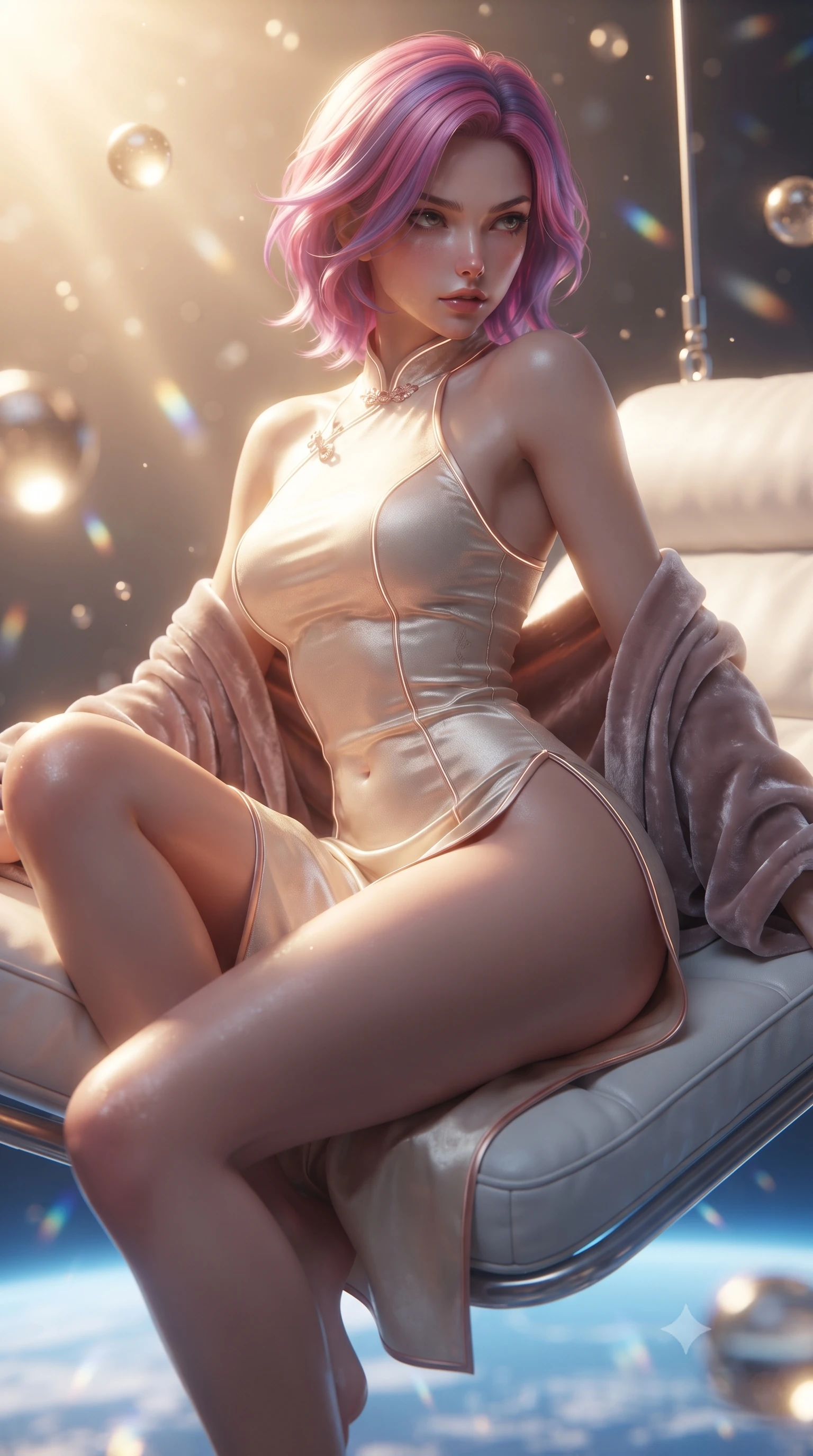 score_9, masterpiece, best quality, ultra-detailed, high-budget anime keyframe, editorial fashion photography, tasteful artistic composition, Caucasian woman. close-up cowboy shot from the waist and thighs up, the character dominates the composition, filling the frame with her large presence. twisting her slender torso in a deep contrapposto stance, hips dramatically shifted to accentuate her feminine curves while looking past her shoulder with smoldering bedroom-eyes while reclining on a suspended zero-gravity white leather daybed with one knee drawn up, looking back over her bare shoulder with celestial bedroom-eyes. The composition keeps background elements in soft focus with creamy bokeh. floating zero-gravity champagne spheres and prism reflections scattering radiant celestial light motes. She has an exceptionally elegant, slender, and willowy female figure with an ultra-slim waist, flat toned midriff, narrow ribcage, and sculpted feminine hips creating an alluring, slim hourglass silhouette without bulk. sharp v-shaped jawline, high-bridge nose, intricate jewel-like eyes with depth, thick eyelashes, glossy parted lips with a natural sheen, intensely captivating and seductive bedroom-eyes expression, flawlessly proportioned anatomical accuracy, strict slender model proportions, natural body alignment, perfectly sculpted long slender limbs, ultra-slim waistline, clean dynamic posture without body distortion. wearing a modernized cyber-qipao mini dress with an ultra-high side slit ascending to the hip and glowing piping in vintage champagne ivory and delicate rose gold, made of fluid silk crepe with delicate inner corsetry boning, complemented by a plush velvet shawl draped loosely over her elbows, the form-contouring material adhering flawlessly to her sculpted flat midriff and slender torso, emphasizing her long leg lines and perfectly proportioned willowy build. bathed in radiant golden orbital sunrise backlighting and ambient cool blue Earth glow from below. ultra-reflective glossy finish, specular highlights, rich textural contrasts, high-contrast stereoscopic depth, volumetric dynamic lighting, 2k, ultra detail, master piece, 9:16 ratio