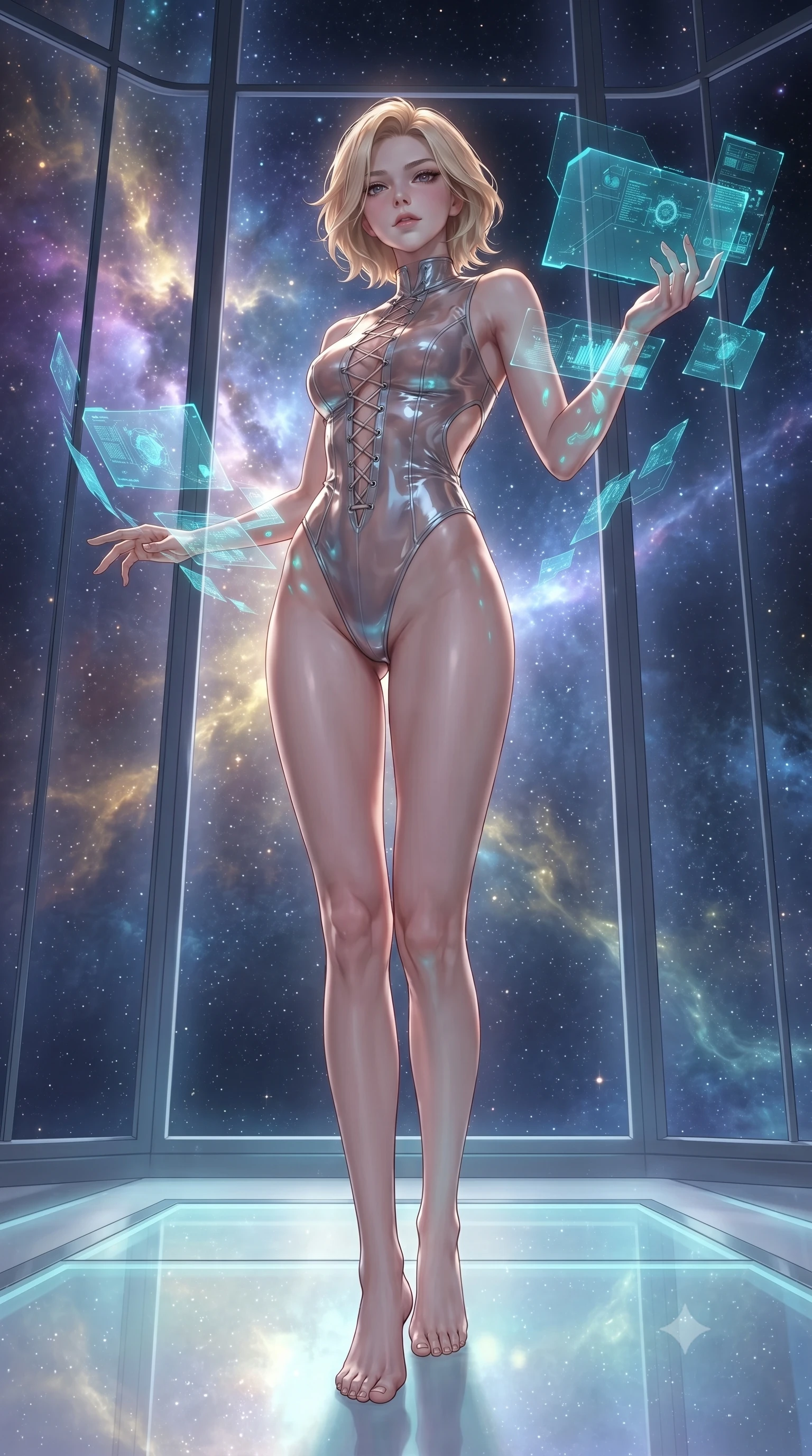 score_9, masterpiece, best quality, ultra-detailed, high-budget anime keyframe, editorial fashion photography, tasteful artistic composition, Caucasian woman. low angle full-body shot from head to toe showing her feet, filling the entire 9:16 vertical frame with her statuesque presence, stretching her vertical silhouette. navigating the luminous space with effortless poise, displaying her perfect model proportions manipulating floating translucent cyan hologram data shards in a void, starlight and cosmic nebula clouds glowing through the floor-to-ceiling glass. She has an absolutely perfect, statuesque 8.5-heads proportion, an exceptionally tall and slender model-like female figure with impossibly long slender legs and an ultra-slim waist. sharp v-shaped jawline, high-bridge nose, intricate jewel-like eyes with depth, thick eyelashes, glossy lips with a natural sheen. wearing a high-cut translucent vinyl leotard with strategic lace-up front paneling and open back, the form-contouring material highlighting her ultra-slim waist and long lines. illuminated by radiant cosmic nebula light and glowing holographic displays. ultra-reflective glossy finish, specular highlights, metallic sheen, high-contrast stereoscopic depth, volumetric dynamic lighting, 2k, ultra detail, master piece, 9:16 ratio