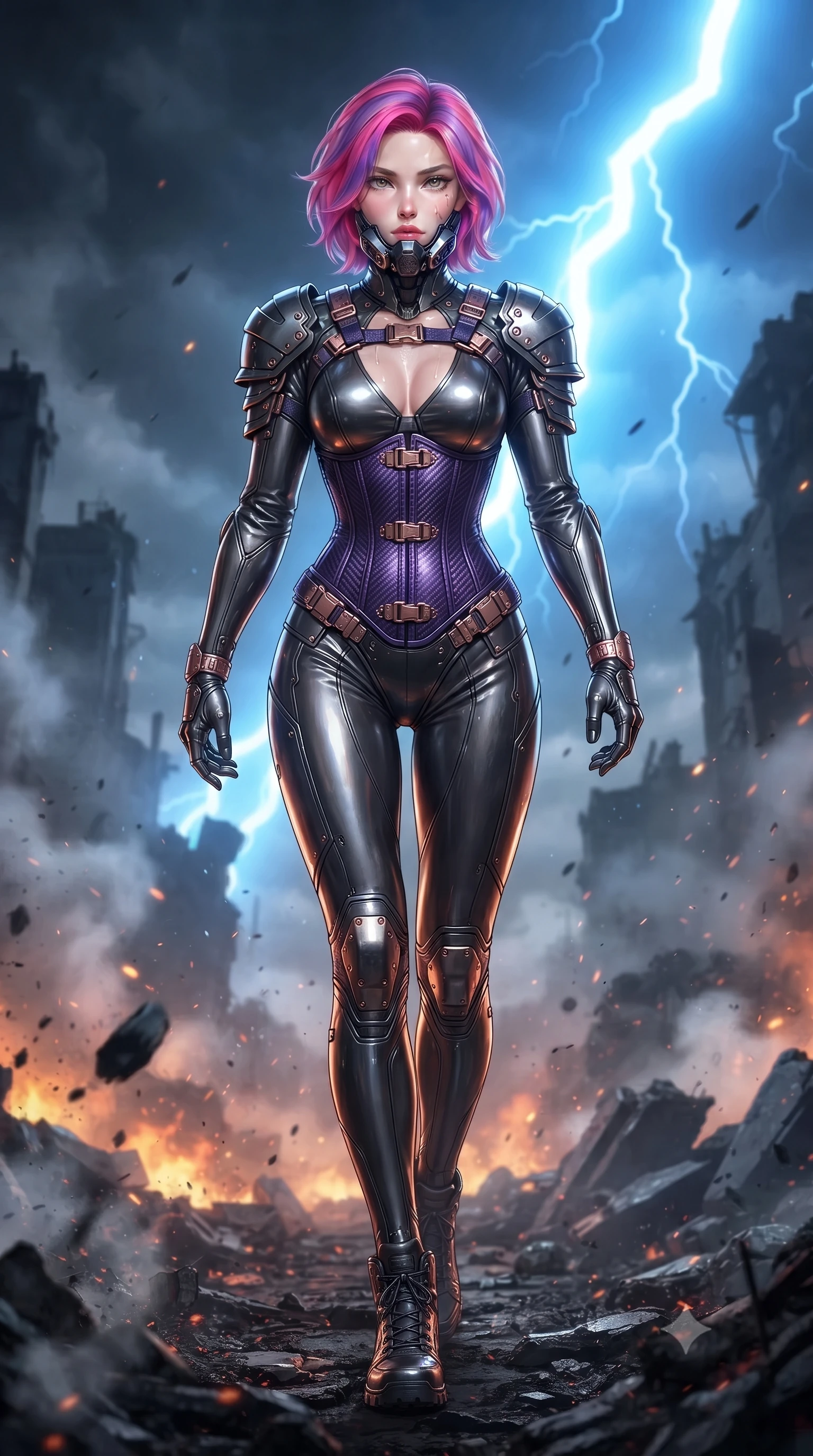 score_9, masterpiece, best quality, ultra-detailed, high-budget anime keyframe, editorial fashion photography, tasteful artistic composition, Caucasian woman. low angle full-body shot from head to toe showing her feet, filling the entire 9:16 vertical frame with her statuesque presence, stretching her vertical silhouette. striding forward with sovereign warrior elegance in a low, predatory combat advance through the ruins, hips swaying with fierce athletic poise while stepping forward through the blackened crater with rebreather unlatched on one side, revealing her glossy lips and sharp jawline. The surrounding environment is rendered in vivid detail and crisp panoramic clarity. intricate carbon armor composite grain, sweat glistening on bare collarbones, and armor buckles in high clarity. She has an absolutely perfect, statuesque 8.5-heads proportion, an exceptionally tall and slender model-like female figure with impossibly long slender legs, a toned flat midriff, and an ultra-slim waist. sharp v-shaped jawline, high-bridge nose, intricate jewel-like eyes with depth, thick eyelashes, glossy lips with a natural sheen, fierce and resolute heroine expression, flawlessly proportioned anatomical accuracy, strict slender model proportions, natural body alignment, perfectly sculpted long slender limbs, ultra-slim waistline, clean dynamic posture without body distortion. wearing a sleek titanium half-face combat rebreather guard protecting her lower jaw while leaving her expressive eyes and long hair flowing freely, paired with a statuesque high-fashion cyber-warrior armor suit with platinum bevels, heavy articulated shoulder guards, and an ultra-slim waist-cinching corset in royal purple carbon fiber with distressed rose-gold hardware and buckles, made of lightweight aerodynamic carbon-titanium alloy with precision-beveled armor seams, complemented by criss-cross back harness straps highlighting her completely bare spine, the glove-like aerodynamic second-skin fit tightly clinging to her ultra-slender waist and athletic curves without adding bulk, accentuating her razor-sharp statuesque lines and slim hourglass silhouette. bathed in blinding blue EMP lightning flash backlighting and warm amber crater ember glow. ultra-reflective glossy finish, specular highlights, dark metallic sheen, high-contrast stereoscopic depth, volumetric dynamic lighting, 2k, ultra detail, master piece, 9:16 ratio