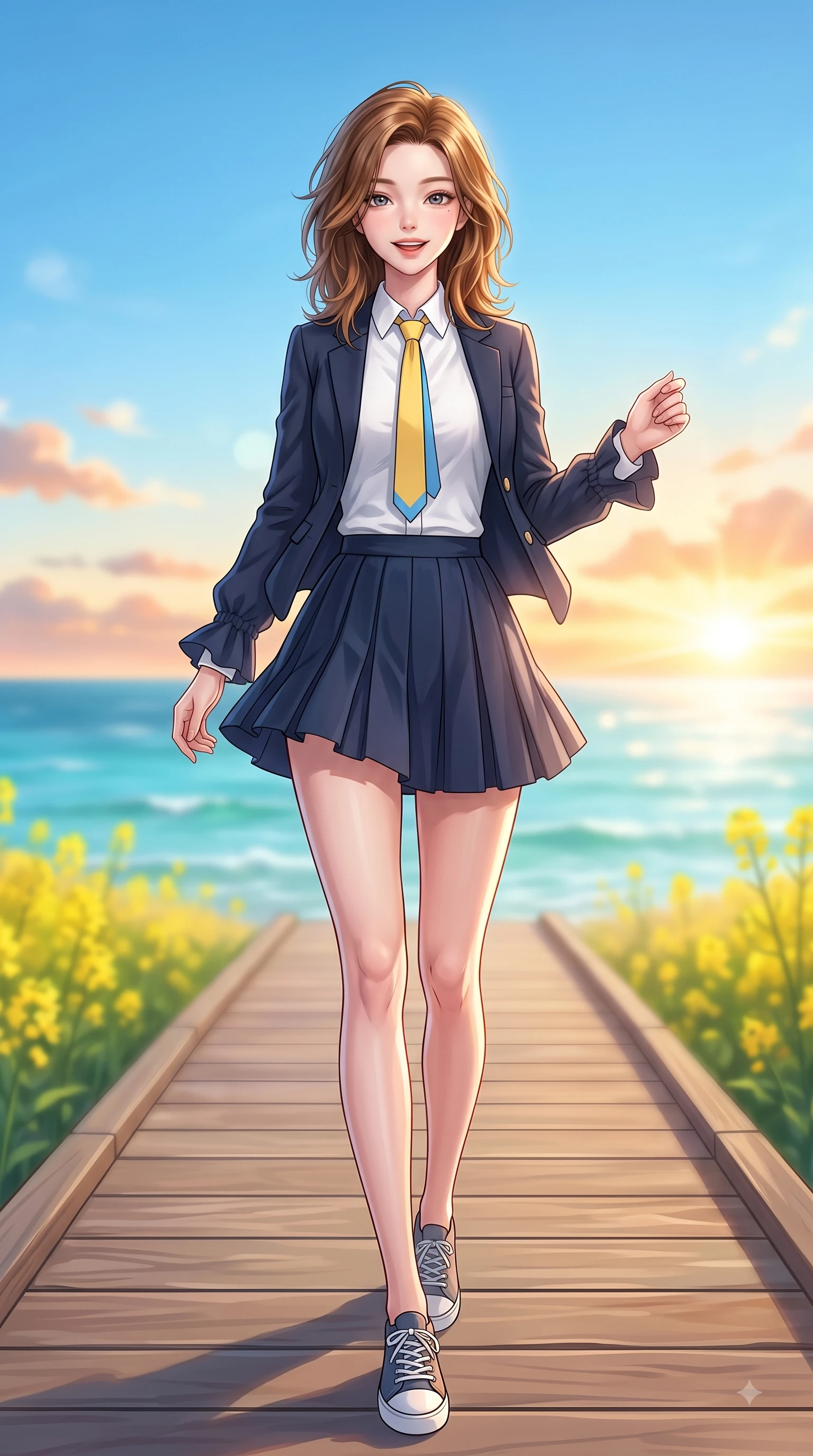 score_9, masterpiece, best quality, ultra-detailed, high-budget anime keyframe, editorial fashion photography, tasteful artistic composition, Korean woman. low angle full-body shot from head to toe showing her feet, filling the entire 9:16 vertical frame with her statuesque presence, stretching her vertical silhouette. stepping forward gracefully in mid-motion with a delighted cute expression, displaying her statuesque model proportions while walking cheerfully along a coastal wooden boardwalk overlooking a turquoise ocean under a bright blue sky. The composition keeps background elements in soft focus with dreamy bokeh. yellow canola fields and clear coastal blue skies softened with a gentle dreamy background blur. She has an absolutely perfect, statuesque 8.5-heads proportion, an exceptionally tall and slender model-like female figure with impossibly long slender legs and an ultra-slim waist. sharp v-shaped jawline, high-bridge nose, intricate jewel-like eyes with depth, thick eyelashes, glossy lips with a natural sheen, flawlessly proportioned anatomical accuracy, natural body alignment, perfectly sculpted elegant limbs, clean dynamic posture without body distortion. wearing a preppy academy blazer over a crisp collared shirt, navy pleated skirt, and a slim necktie in sunny daffodil yellow and clear sky blue, made of fine lightweight chiffon that flutters gently in the breeze, accented with soft smocked details and fluttery cuffs, the breezy lightweight fabric fluttering softly against her delicate frame. illuminated by a glorious golden hour sunburst painting the clouds in joyful peach and amber. highly saturated vibrant anime colors, detailed shading with soft gradients, rich glossy textures, high-contrast stereoscopic depth, volumetric dynamic lighting, master piece, 9:16 ratio
