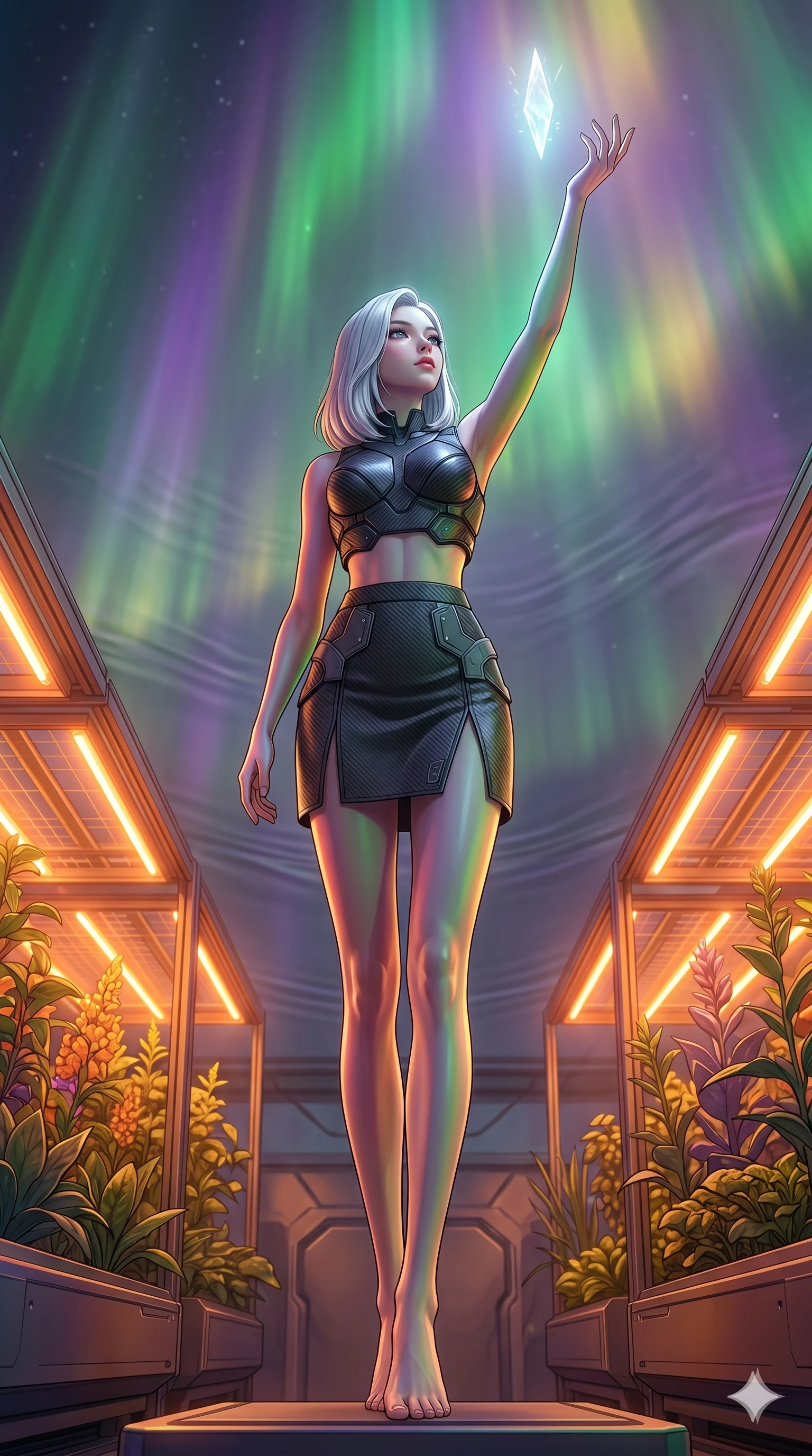 score_9, masterpiece, best quality, ultra-detailed, high-budget anime keyframe, editorial fashion photography, tasteful artistic composition, Korean woman. low angle full-body shot from head to toe showing her feet, filling the entire 9:16 vertical frame with her statuesque presence, stretching her vertical silhouette. Reaching upward with one hand toward a floating shard of light, her body fully elongated inside a starship greenhouse where neon orange grow-lights illuminate futuristic crops, as gravity waves create subtle ripples in the atmospheric background. She has an absolutely perfect 8-heads proportion, an exceptionally tall and slender female figure with impossibly long slender legs and an ultra-slim waist. V-shaped jawline, high-bridge nose, intricate jewel-like eyes with depth, thick eyelashes, glossy lips with a natural sheen. wearing a structured crop top made of matte carbon fiber plates and a matching high-waist split-hem skirt. illuminated by a shifting aurora palette of green, violet, and gold from above, wrapping her in color. 2k, ultra detail, master piece, 9:16 ratio