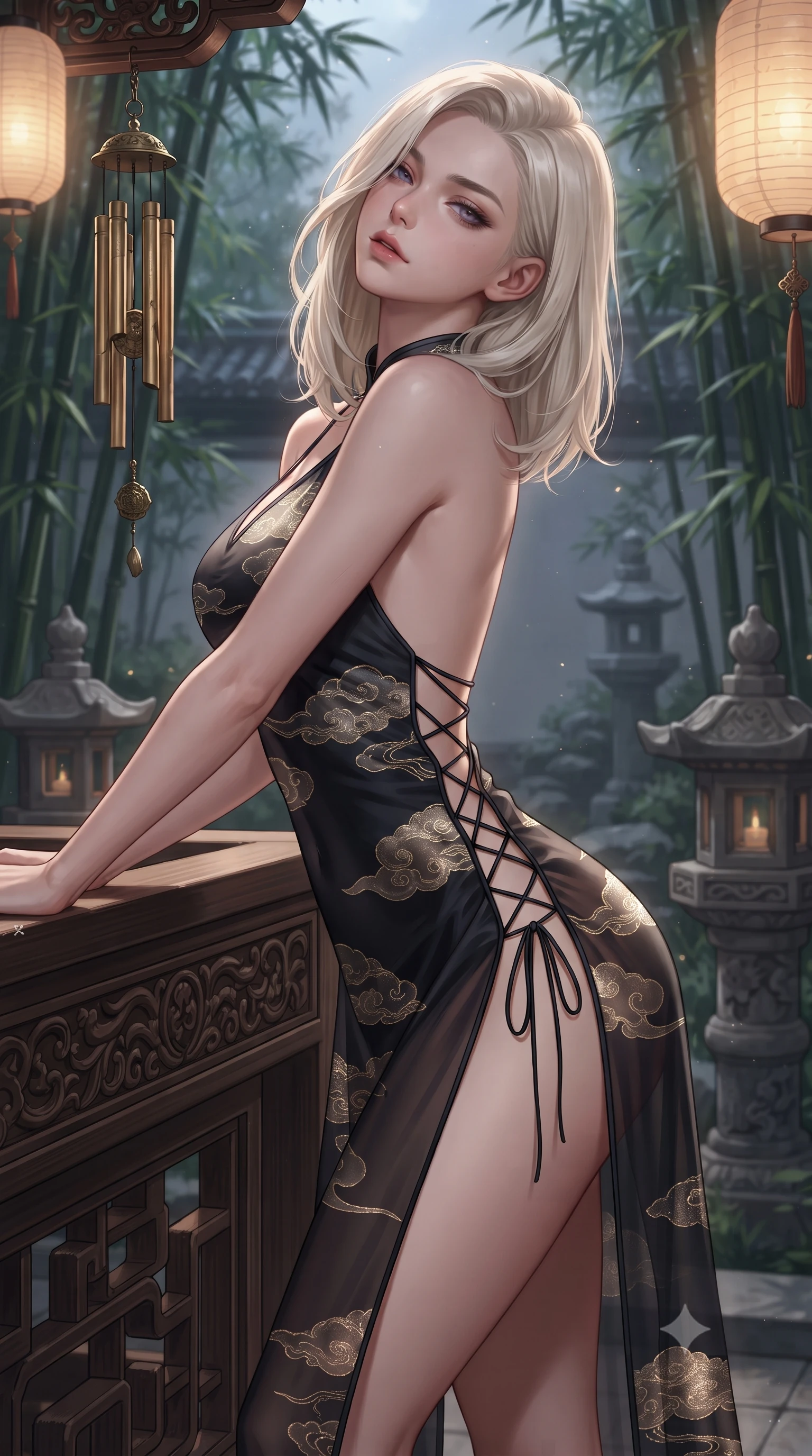 score_9, masterpiece, best quality, ultra-detailed, high-budget anime keyframe, editorial fashion photography, tasteful artistic composition, Caucasian woman. close-up cowboy shot from the waist and thighs up, the character dominates the composition, filling the frame with her large presence. leaning back against the balustrade with relaxed seductive grace, head tilted back slightly while casting a hypnotic, heavy-lidded gaze while twisting her slender torso in an alluring S-curve, dappled silver moonlight tracing her form-fitting outfit and curvaceous hips. The surrounding environment is rendered in vivid detail and crisp panoramic clarity: sharp bamboo node textures, hanging brass chime details, and stone lantern carving relief in deep focus. She has an exceptionally elegant, slender, and willowy female figure with an ultra-slim waist, flat toned midriff, narrow ribcage, and sculpted feminine hips creating an alluring, slim hourglass silhouette without bulk. sharp v-shaped jawline, high-bridge nose, sparkling eyes with hypnotic seductive depth, thick curled eyelashes, glossy parted lips with a natural dewy peach sheen, alluring bedroom-eyes with an enchanting coquettish smile, exuding magnetic siren charisma and sophisticated glamour, flawlessly proportioned anatomical accuracy, strict slender model proportions, natural body alignment, perfectly sculpted long slender limbs, ultra-slim waistline, clean dynamic posture without body distortion. wearing a backless embroidered silk satin slip dress with traditional cloud motifs contouring her narrow waist and curvy hips in midnight obsidian black and shimmering liquid champagne gold, made of sheer gossamer chiffon that drapes softly against skin with airy translucence, featuring fine criss-cross lace-up side ties revealing tantalizing glimpses of her hip curve, the high-slit wrap tailoring accentuating her ultra-slim waistline and the enchanting curve of her feminine hips with alluring seductive charm. illuminated by soft lantern warm fill and sharp silvery rim lighting defining her collarbones, flat midriff, and curvaceous hips. ultra-reflective glossy finish, specular highlights, rich textural contrasts, high-contrast stereoscopic depth, volumetric dynamic lighting, 2k, ultra detail, master piece, 9:16 ratio