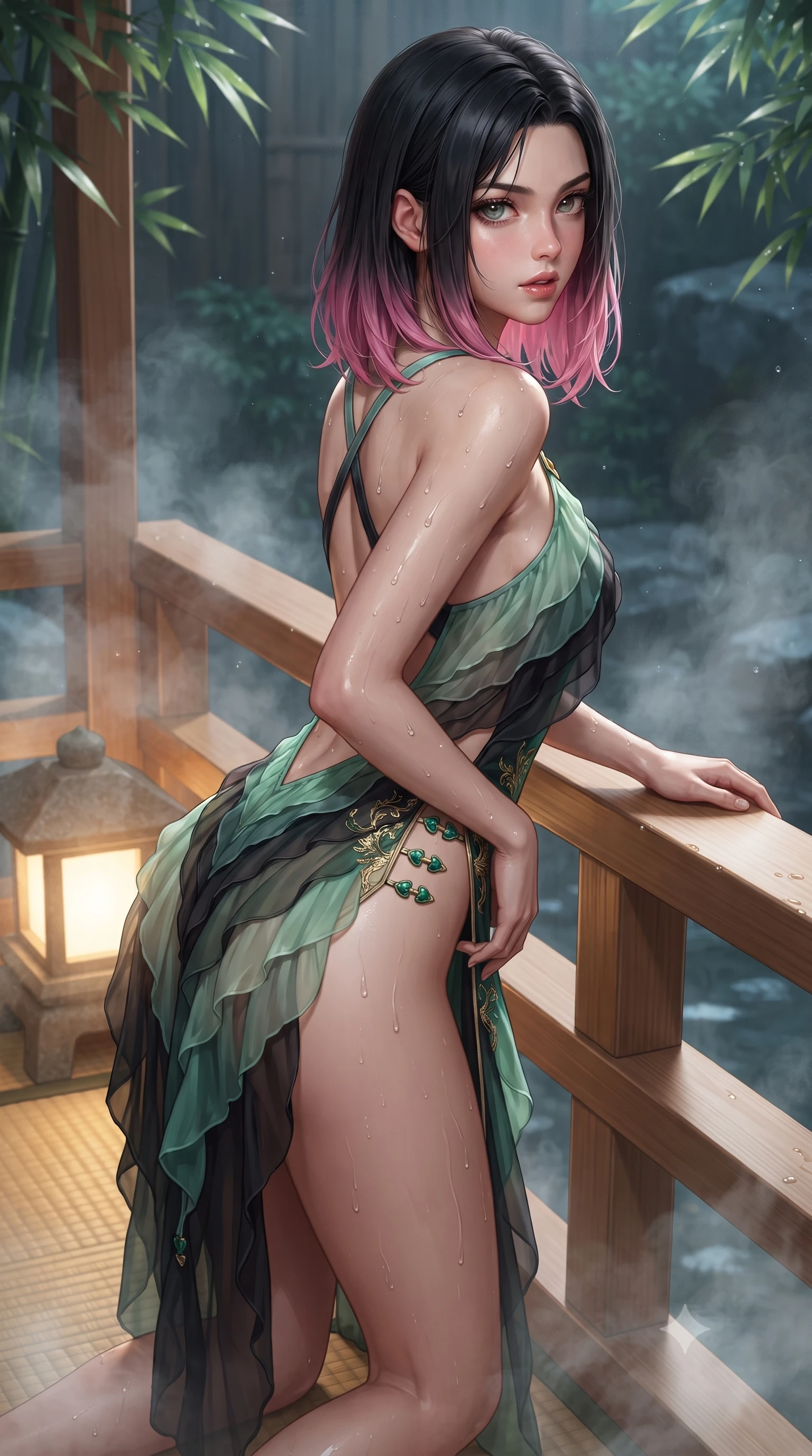score_9, masterpiece, best quality, ultra-detailed, high-budget anime keyframe, editorial fashion photography, tasteful artistic composition, Korean woman. close-up cowboy shot from the waist and thighs up, the character dominates the composition, filling the frame with her large presence. leaning forward against the polished railing with her hips cocked back, creating an intoxicating curve from her narrow waist to sculpted hips as she gazes back into the lens while kneeling gracefully on the warm tatami deck beside a glowing stone lantern, one hand resting on her bare hip as cool river mist curls around her. The surrounding environment is rendered in vivid detail and crisp panoramic clarity. sharp wet hinoki wood grain, distinct water droplet tracks on skin, and bamboo leaf venation in deep focus. She has an exceptionally elegant, slender, and willowy female figure with an ultra-slim waist, a gracefully sculpted slender torso, toned flat midriff, and rounded feminine hips creating an alluring hourglass silhouette. sharp v-shaped jawline, high-bridge nose, intricate jewel-like eyes with depth, thick eyelashes, glossy parted lips with a natural sheen, intensely captivating and seductive bedroom-eyes expression, flawlessly proportioned anatomical accuracy, strict slender model proportions, natural body alignment, perfectly sculpted long slender limbs, ultra-slim waistline, clean dynamic posture without body distortion. wearing a second-skin thermal onsen monokini with high-cut hip openings and crossed back straps in jade green and dark obsidian, woven from sheer cascading chiffon that ripples like water, finished with an ultra-high side slit secured by miniature jade clasps, the form-contouring material adhering flawlessly to her sculpted flat midriff and slender torso, emphasizing her long leg lines and perfectly proportioned willowy build. illuminated by wet specular highlights accentuating her slender neckline, sculpted waist, and rounded hips. ultra-reflective glossy finish, specular highlights, rich textural contrasts, high-contrast stereoscopic depth, volumetric dynamic lighting, 2k, ultra detail, master piece, 9:16 ratio