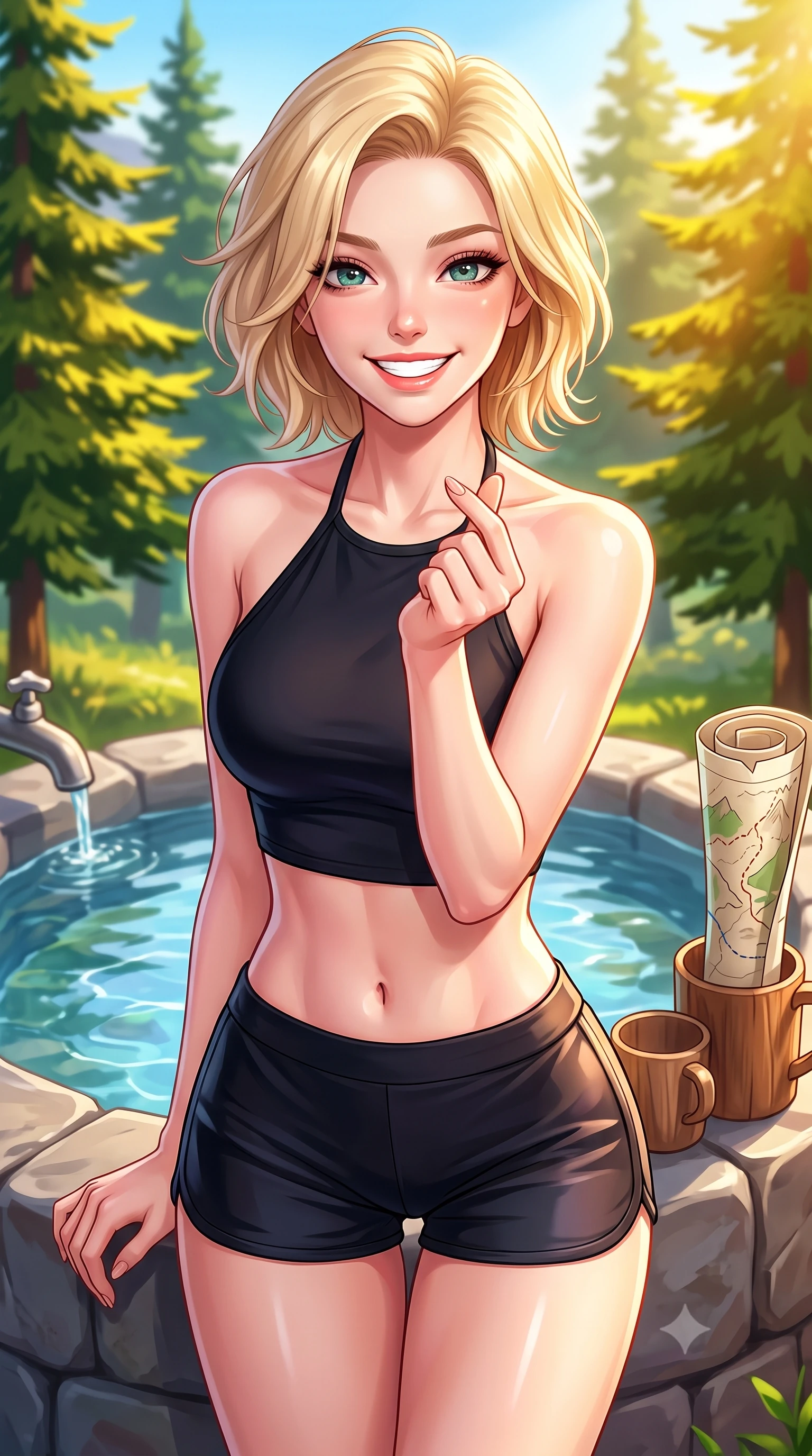 score_9, masterpiece, best quality, ultra-detailed, high-budget anime keyframe, editorial fashion photography, tasteful artistic composition, Caucasian woman. close-up cowboy shot from the waist and thighs up, the character dominates the composition, filling the frame with her large presence, background elements kept in soft focus. flashing a bright, sunny grin, holding her fingers in a cute small heart shape set against a soft-focus background of next to a mountain spring well with clear water and wooden cups holding a map of the mountain trails, looking at the camera. She has an exceptionally elegant, slender, and willowy female figure with an ultra-slim waist, a gracefully sculpted slender torso, and a refined silhouette. sharp v-shaped jawline, high-bridge nose, intricate jewel-like eyes with depth, thick eyelashes, glossy lips with a natural sheen. wearing tailored backless activewear halter top in black, paired with sporty shorts. bright morning alpine sun highlighting the green pine trees in vivid gold. highly saturated vibrant anime colors, detailed shading with soft gradients, rich glossy textures, high-contrast stereoscopic depth, volumetric dynamic lighting, master piece, 9:16 ratio