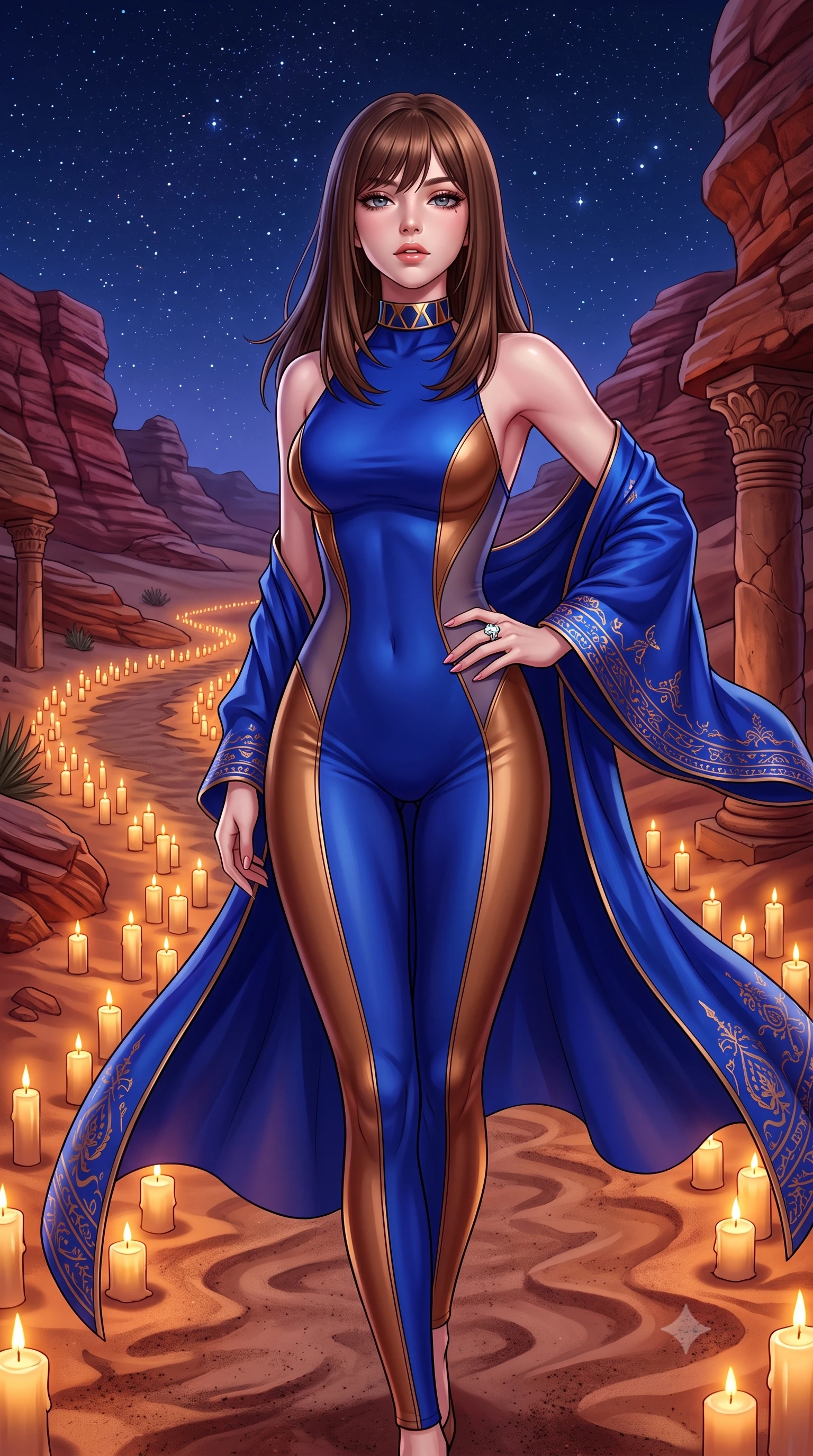 score_9, masterpiece, best quality, ultra-detailed, high-budget anime keyframe, semi-realistic 3D game render, editorial fashion photography, tasteful artistic composition, Korean woman. close-up cowboy shot from the waist and thighs up, the character dominates the composition, filling the frame with her large presence. tilting her chin up with proud, sovereign allure while gazing through thick eyelashes, one hand resting on her waist in pure supermodel charisma while walking gracefully down the lantern-lit sand pathway, her sweeping desert gown fluttering around her long slender limbs under the starlit sky. The surrounding environment is rendered in vivid detail and crisp panoramic clarity. sharp rose-red sandstone stratification ripples, desert sand grain texture, and carved rock capitals in deep focus. She has an exceptionally elegant, slender, and willowy female figure with an ultra-slim waist, flat toned midriff, narrow ribcage, and sculpted feminine hips creating an alluring, slim hourglass silhouette without bulk. sharp v-shaped jawline, high-bridge nose, intricate jewel-like eyes with depth, thick eyelashes, glossy parted lips with a natural sheen, intensely captivating and seductive bedroom-eyes expression, flawlessly proportioned anatomical accuracy, strict slender model proportions, natural body alignment, perfectly sculpted long slender limbs, ultra-slim waistline, clean dynamic posture without body distortion. wearing a second-skin compression catsuit with an open back and sheer mesh side waist contouring in royal sapphire blue and liquid bronze, tailored from water-resistant treated wool gabardine and flexible stretch silk, complemented by a bold geometric choker and sparkling cocktail ring, the liquid-tight tailored fabric clinging flawlessly to her narrow waist and rounded feminine hips, emphasizing every millimeter of her sculpted slim hourglass curves without any bulky heaviness. bathed in warm flickering glow of hundreds of candle lanterns contrasting with the deep indigo desert night sky. highly saturated vibrant anime colors, detailed shading with soft gradients, rich glossy textures, high-contrast stereoscopic depth, volumetric dynamic lighting, master piece, 9:16 ratio