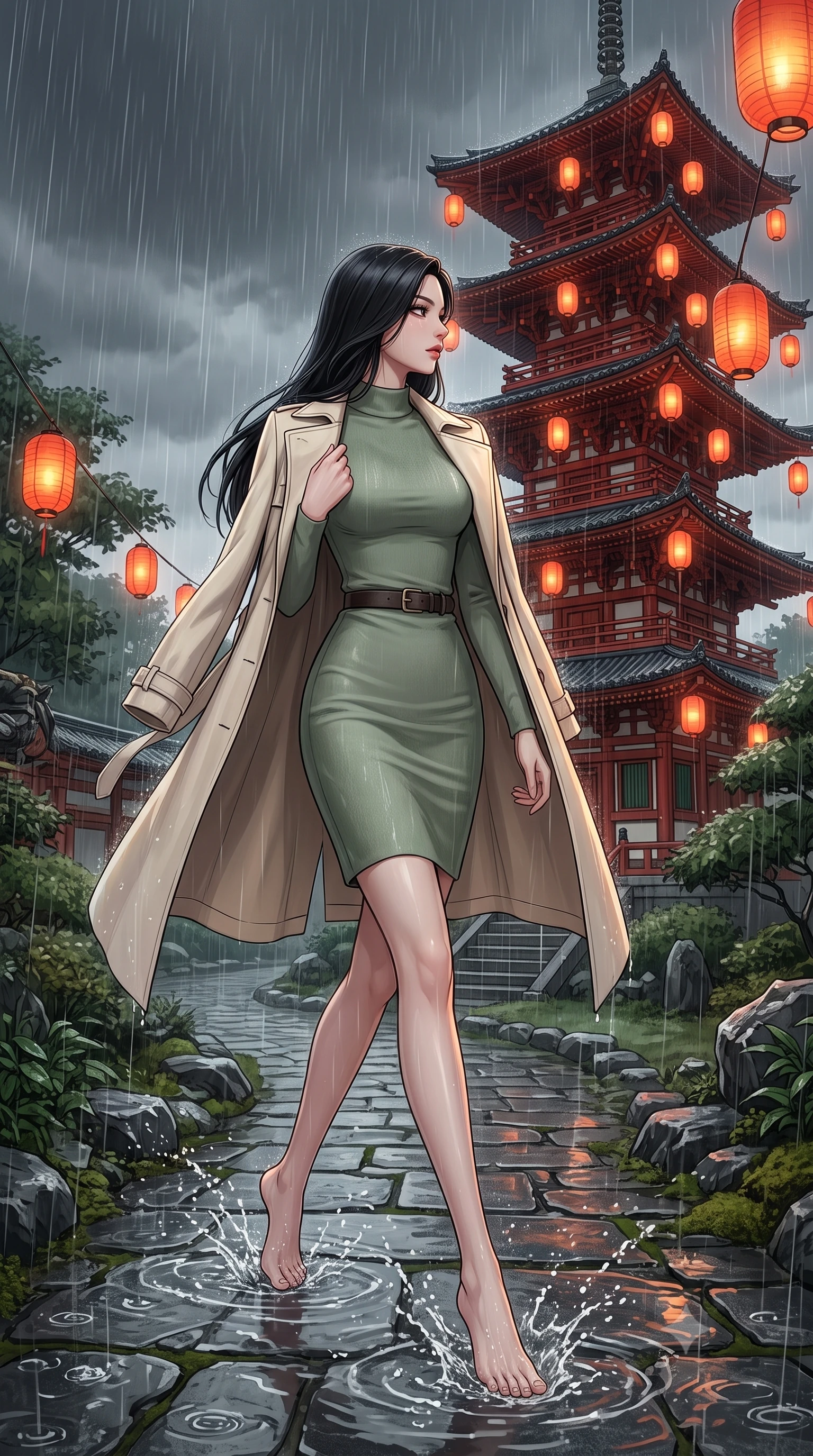 score_9, masterpiece, best quality, ultra-detailed, high-budget anime keyframe, editorial fashion photography, tasteful artistic composition, Korean woman. low angle full-body shot from head to toe showing her feet, filling the entire 9:16 vertical frame with her statuesque presence, stretching her vertical silhouette. navigating with fluid, playful motion through on a stone path of a garden during a heavy warm summer rain shower, looking at a tall red wooden pagoda with floating red paper lanterns. She has a statuesque 8.5-heads proportion, an exceptionally tall, slender and willowy model-like build with impossibly long legs and a highly sculpted ultra-slim waist. sharp v-shaped jawline, high-bridge nose, intricate jewel-like eyes with depth, thick eyelashes, glossy lips with a natural sheen. wearing a tailored slim-fit cream trench coat layered over a form-fitting sage green mock-neck cashmere dress, cinched with a dark leather belt. warm orange glow from the paper lanterns contrasting with the cool, dark grey rain-swept sky. 2k, ultra detail, master piece, 9:16 ratio