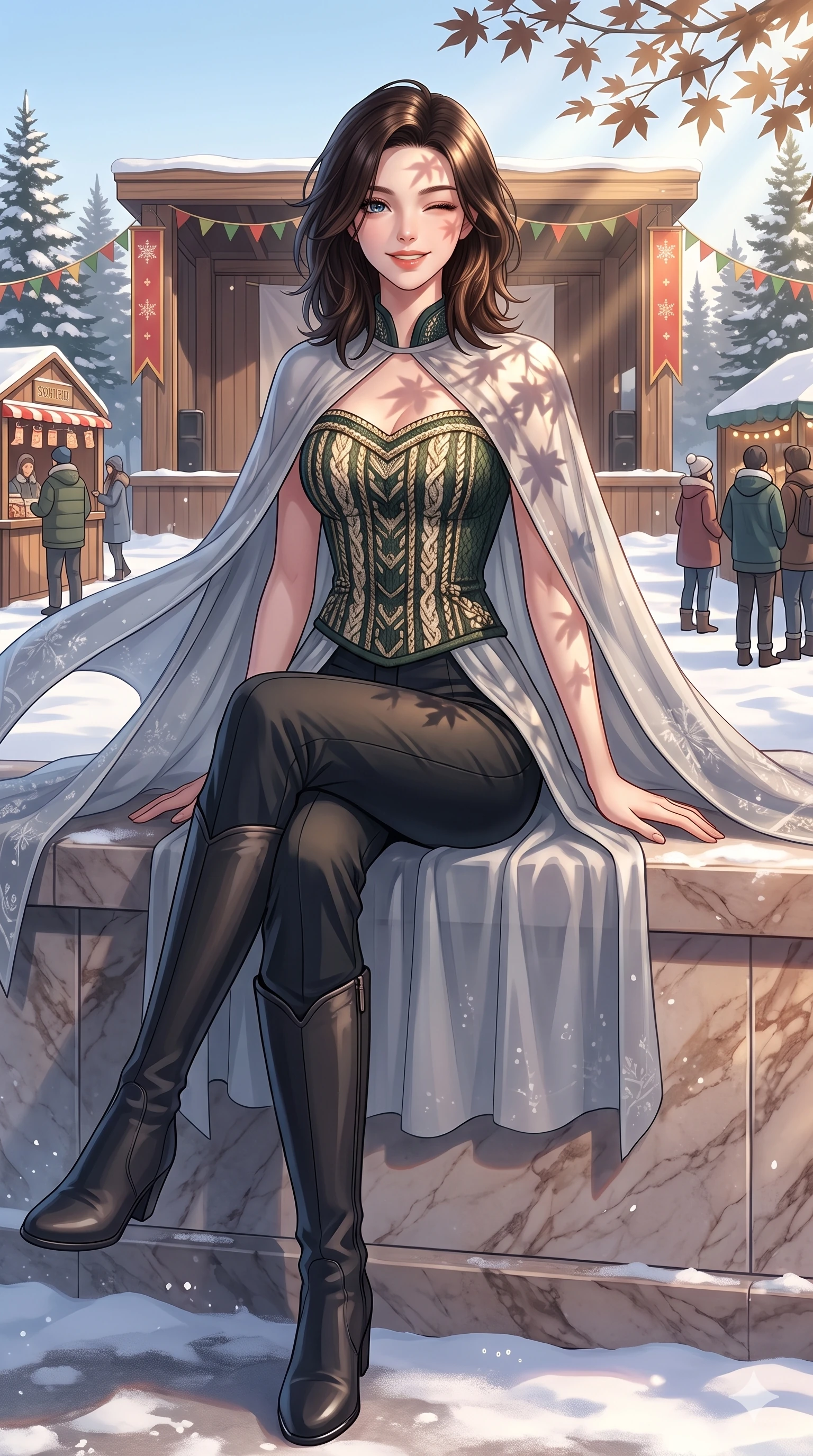 score_9, masterpiece, best quality, ultra-detailed, high-budget anime keyframe, vibrant anime aesthetic, Korean woman. cowboy shot from the thighs up, character and outfit filling the frame for maximum presence. She is sitting on a marble ledge, winking and smiling cheerfully at the viewer in snow by an outdoor festival stage in the winter sun (Code-P21-184). She has an absolutely perfect 8-heads proportion, an exceptionally tall and slender female figure with impossibly long slender legs and an ultra-slim waist. V-shaped jawline, high-bridge nose, intricate jewel-like eyes with depth, thick eyelashes, glossy lips with a natural sheen. wearing a patterned textured knit-inspired structured bodice top paired with translucent cape in winter. She is bathed in soft morning sunbeams casting long maple branch shadows across her form. 2k, ultra detail, master piece, 9:16 ratio