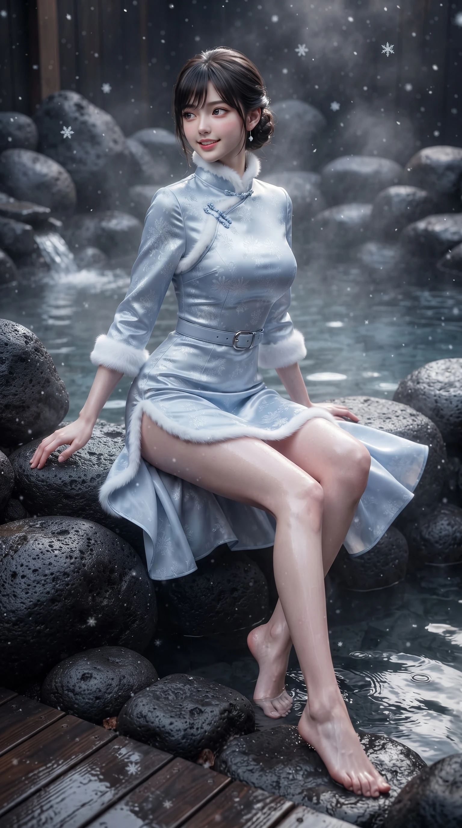 score_9, masterpiece, best quality, ultra-detailed, high-budget anime keyframe, editorial fashion photography, tasteful artistic composition, Korean woman. low angle full-body shot from head to toe showing her feet, filling the entire 9:16 vertical frame with her statuesque presence, stretching her vertical silhouette. executing a cheerful mid-motion pivot turn as her winter skirt flutters around her slender legs, glancing over her shoulder with an intoxicating, teasing bedroom-gaze while sitting gracefully on the smooth volcanic basalt rocks of the steaming onsen pool, arching her back with a playful, blushing smile amidst falling snow. The surrounding environment is rendered in vivid detail and crisp panoramic clarity. sharp volcanic basalt stone pores, dark wet cedar wood grain, and delicate falling snowflake shapes in deep focus. She has an exceptionally tall and slender model-like 8.5-heads proportion, an ultra-slim waist, a flat toned midriff, narrow delicate ribcage, and beautifully sculpted feminine hips creating a graceful, slim hourglass silhouette without any bulky heaviness, with impossibly long slender legs. sharp v-shaped jawline, high-bridge nose, sparkling ice-crystal eyes with depth, frosty thick lashes, glossy parted lips with a rosy berry sheen, bright playful smile with an intoxicating seductive glint, rosy flushed cheeks radiating cozy warmth and dangerous allure, flawlessly proportioned anatomical accuracy, strict slender model proportions, natural body alignment, perfectly sculpted long slender limbs, ultra-slim waistline, clean dynamic posture without body distortion. wearing a modern cute winter qipao mini dress in frost-blue silk with white fur trim and side hip slits in soft lavender mist and pearlescent ice, woven from layered gossamer chiffon with ethereal weightless flutter, accented with a sleek leather belt with polished silver buckle cinching her narrow waist, the glove-like silhouette tightly following the natural contour of her hips and long slender legs with youthful 8.5-heads elegance. illuminated by steaming spring water caustics and crisp silver rim lighting sharply carving her razor-sharp jawline, narrow waist, and curvy hips. ultra-reflective glossy finish, specular highlights, rich textural contrasts, high-contrast stereoscopic depth, volumetric dynamic lighting, 2k, ultra detail, master piece, 9:16 ratio