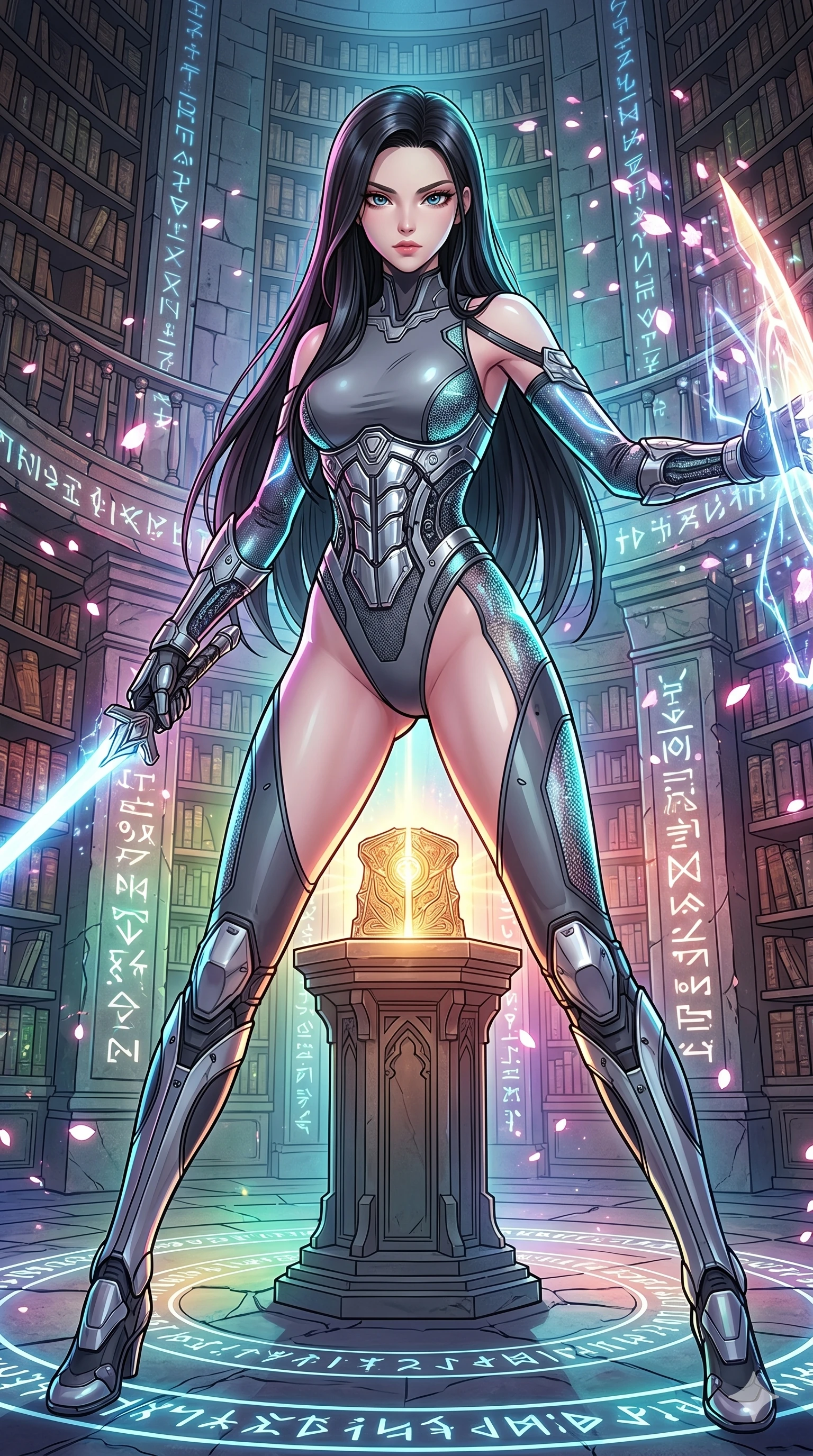 score_9, masterpiece, best quality, ultra-detailed, high-budget anime movie keyframe, cinematic anime lighting, intricate line art, Japanese woman. Low angle cowboy shot filling the entire 9:16 frame with her statuesque presence. defending a sacred relic in a ancient runic library with digital sakura petals. She has an absolutely perfect 8-heads proportion, an exceptionally tall and slender female figure with an ultra-slim waist and impossibly long slender legs. sharp v-shaped jawline, high-bridge nose, intricate jewel-like eyes, thick eyelashes, glossy lips. Wearing asymmetrical high-cut tech-bodysuit with detached glowing sleeves, chrome-plated mechanical corset, and bioluminescent mesh panels clinging to her slender figure. The scene is illuminated by dramatic atmospheric lighting and vibrant color palettes. , 2k, ultra detail, master piece, 9:16 ratio