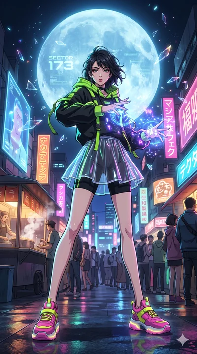 score_9, masterpiece, best quality, ultra-detailed, Set A: High-budget Anime Keyframe, Japanese woman. Low angle cowboy shot filling the entire 9:16 frame with her statuesque presence. Casting a spell through a futuristic night market, with a massive