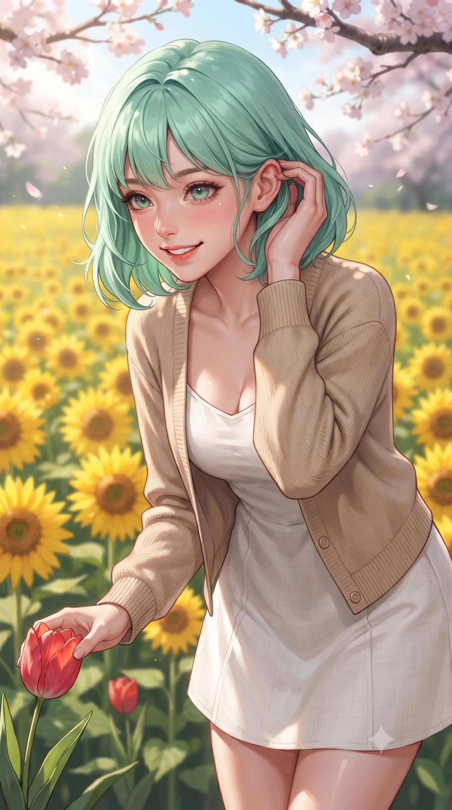 score_9, masterpiece, best quality, ultra-detailed, high-budget anime keyframe, editorial fashion photography, tasteful artistic composition, Japanese woman. close-up cowboy shot from the waist and thighs up, the character dominates the composition, filling the frame with her large presence, background elements kept in soft focus. smiling cutely while gently brushing a strand of hair behind her ear set against a soft-focus background of in the middle of a vast, sunny field filled with bright yellow sunflowers bending down to smell a red tulip with a sweet, lovely expression. She has an exceptionally elegant, slender, and willowy female figure with an ultra-slim waist, a gracefully sculpted slender torso, and a refined silhouette. sharp v-shaped jawline, high-bridge nose, intricate jewel-like eyes with depth, thick eyelashes, glossy lips with a natural sheen. wearing slim-fit cozy knit cardigan in beige, layered over a casual linen dress. dappled sunlight filtering through the cherry blossom branches onto her face. ultra-reflective glossy finish, specular highlights, metallic sheen, high-contrast stereoscopic depth, volumetric dynamic lighting, 2k, ultra detail, master piece, 9:16 ratio