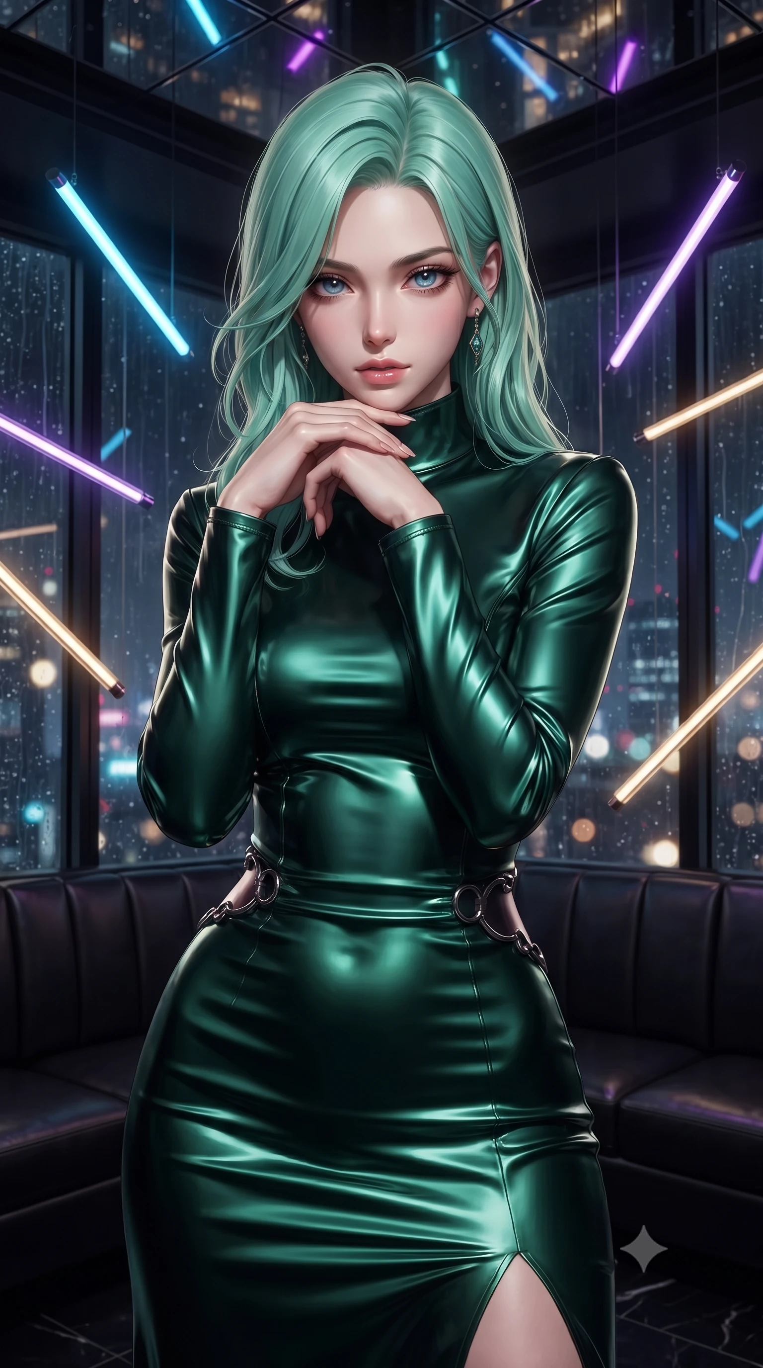 score_9, masterpiece, best quality, ultra-detailed, high-budget anime keyframe, editorial fashion photography, tasteful artistic composition, Japanese woman. close-up cowboy shot from the waist and thighs up, the character dominates the composition, filling the frame with her large presence, background elements kept in soft focus. Resting her chin on the backs of her fingers with an air of effortless superiority, navigating a dark leather-walled VIP room filled with floating neon light tubes, rain streaks on glass windows distorting distant city skyline lights into bokeh. She has an exceptionally elegant, slender, and willowy female figure with an ultra-slim waist, a gracefully sculpted slender torso, and a refined silhouette. sharp v-shaped jawline, high-bridge nose, intricate jewel-like eyes with depth, thick eyelashes, glossy lips with a natural sheen. wearing long-sleeved dark emerald satin gown with high structured collar in deep emerald green, made of soft crimson satin, trimmed with dark chrome ring hardware along the waist contours, sculpting her athletic slender build with refined precision. bathed in high-contrast specular reflections from mirror ceilings. ultra-reflective glossy finish, specular highlights, metallic sheen, high-contrast stereoscopic depth, volumetric dynamic lighting, 2k, ultra detail, master piece, 9:16 ratio