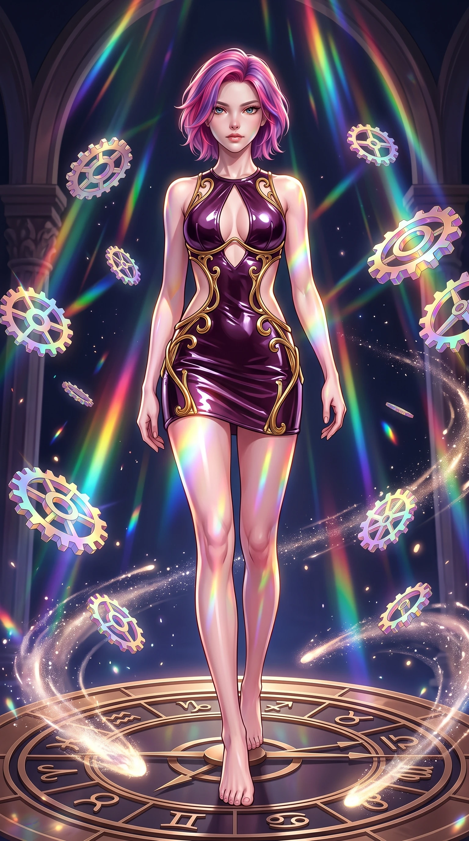 score_9, masterpiece, best quality, ultra-detailed, high-budget anime keyframe, editorial fashion photography, tasteful artistic composition, Caucasian woman. low angle full-body shot from head to toe showing her feet, filling the entire 9:16 vertical frame with her statuesque presence, stretching her vertical silhouette. stepping forward in a proud dynamic stride, her vertical silhouette filling the frame with statuesque presence while pivoting dynamically on a revolving bronze zodiac dial surrounded by comet dust streams, floating prism gears scattering brilliant rainbow light beams across her statuesque build. She has an absolutely perfect, statuesque 8.5-heads proportion, an exceptionally tall and slender model-like female figure with impossibly long slender legs and an ultra-slim waist. sharp v-shaped jawline, high-bridge nose, intricate jewel-like eyes with depth, thick eyelashes, glossy lips with a natural sheen, flawlessly proportioned anatomical accuracy, natural body alignment, perfectly sculpted elegant limbs, clean dynamic posture without body distortion. wearing a dramatic open-waist cutout mini dress framed by sculptural hardware in plum purple and gold filigree, tailored from high-gloss patent leather, accented with a Tasteful chest slit framing her clavicle gracefully, the tailored fabric tightly following every curve of her athletic build. illuminated by cascading rainbow prismatic rays and rich metallic rim highlights. highly saturated vibrant anime colors, detailed shading with soft gradients, rich glossy textures, high-contrast stereoscopic depth, volumetric dynamic lighting, master piece, 9:16 ratio