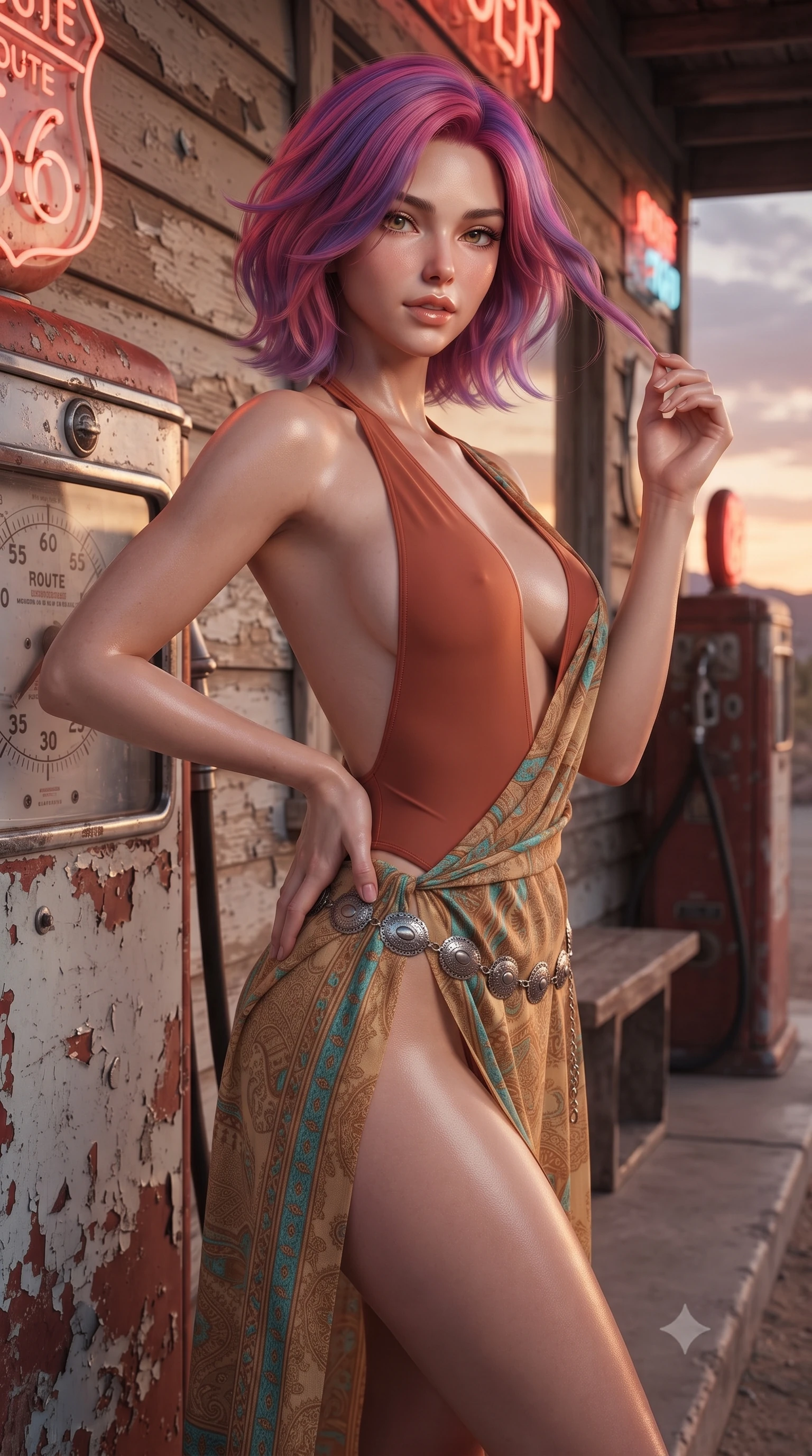 score_9, masterpiece, best quality, ultra-detailed, high-budget anime keyframe, editorial fashion photography, tasteful artistic composition, Caucasian woman. close-up cowboy shot from the waist and thighs up, the character dominates the composition, filling the frame with her large presence. twisting her slender torso in an alluring contrapposto stance, one hand resting on her sculpted hip while her fingers toy with her hair with effortless poise while twisting her slender torso in an alluring contrapposto stance against the chipped wooden wall, warm sunset rays kissing her curves. The surrounding environment is rendered in vivid detail and crisp panoramic clarity: sharp peeling paint on the vintage gas pump, glass dial face reflections, and weathered wood grain in deep focus. She has an exceptionally elegant, slender, and willowy female figure with an ultra-slim waist, flat toned midriff, narrow ribcage, and sculpted feminine hips creating an alluring, slim hourglass silhouette without bulk. sharp v-shaped jawline, high-bridge nose, sparkling eyes with hypnotic seductive depth, thick curled eyelashes, glossy parted lips with a natural dewy peach sheen, alluring bedroom-eyes with an enchanting coquettish smile, exuding magnetic siren charisma and sophisticated glamour, flawlessly proportioned anatomical accuracy, strict slender model proportions, natural body alignment, perfectly sculpted long slender limbs, ultra-slim waistline, clean dynamic posture without body distortion. wearing a plunging halterneck second-skin maillot swimsuit with deep backless scoop and high-slit chiffon beach wrap in terracotta rust and desert sand gold with turquoise accents, made of sheer gossamer chiffon that drapes softly against skin with airy translucence, accented with an intricate silver concho waist chain resting loosely on her curvy hips, the form-contouring silhouette accentuating her sculpted flat midriff, narrow delicate ribcage, and gracefully curvy hips with intoxicating allure. bathed in the warm glow of flickering neon signage mixed with rich twilight desert sky fill. ultra-reflective glossy finish, specular highlights, rich textural contrasts, high-contrast stereoscopic depth, volumetric dynamic lighting, 2k, ultra detail, master piece, 9:16 ratio