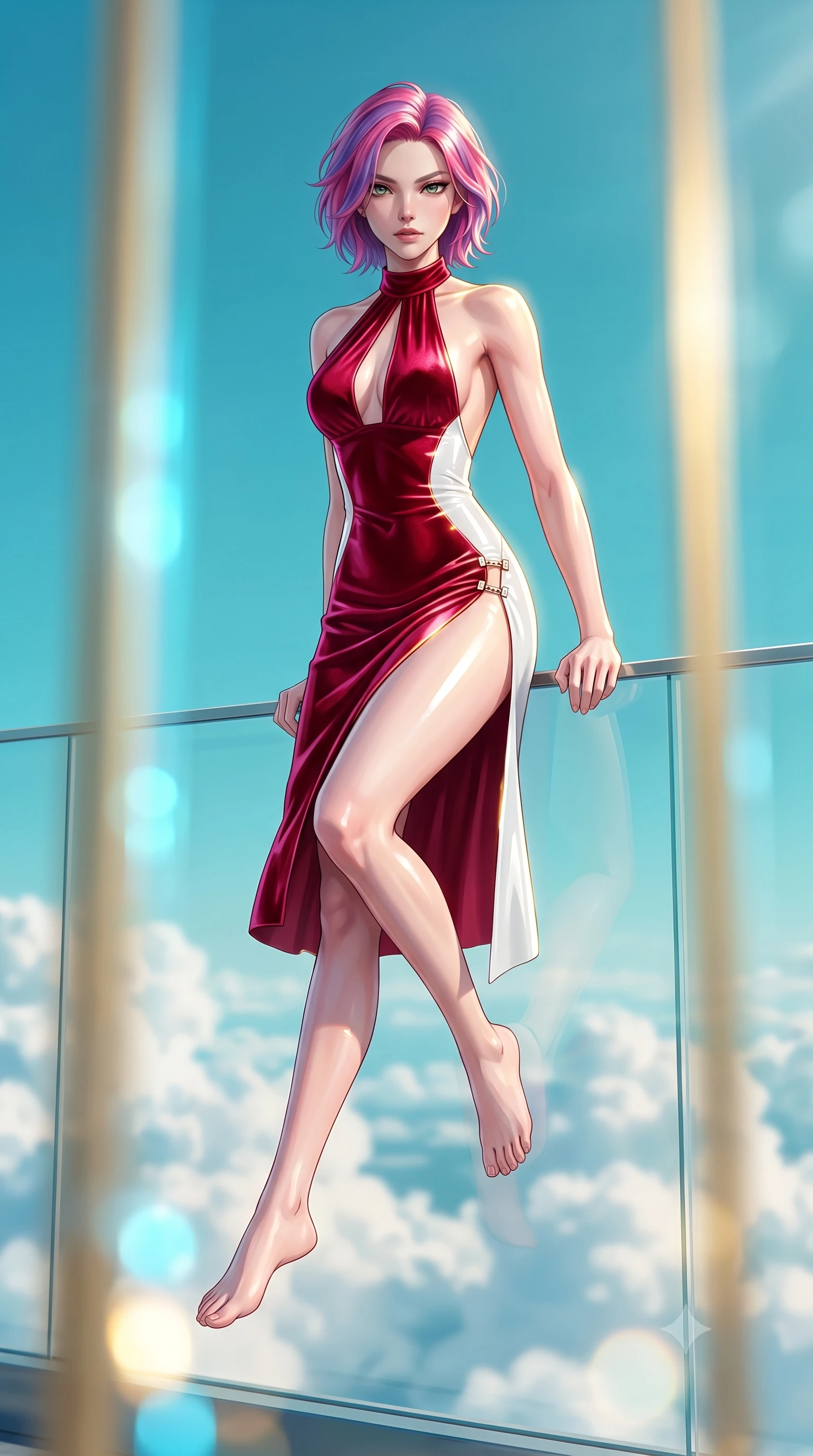 score_9, masterpiece, best quality, ultra-detailed, high-budget anime keyframe, semi-realistic 3D game render, editorial fashion photography, tasteful artistic composition, Caucasian woman. low angle full-body shot from head to toe showing her feet, filling the entire 9:16 vertical frame with her statuesque presence, stretching her vertical silhouette. performing an alluring mid-air vault with flawless poise, looking directly into the camera with smoldering intensity while stretching her slender torso along a sunlit glass balustrade with endless turquoise sky stretching in all directions. The composition keeps background elements in soft focus with creamy bokeh. billowing white cloud seas and vertical golden sunbeams blurred into radiant azure and gold bokeh. She has an absolutely perfect, statuesque 8.5-heads proportion, an exceptionally tall and slender model-like female figure with impossibly long slender legs, a toned flat midriff, and an ultra-slim waist. sharp v-shaped jawline, high-bridge nose, intricate jewel-like eyes with depth, thick eyelashes, glossy lips with a natural sheen, flawlessly proportioned anatomical accuracy, strict slender model proportions, natural body alignment, perfectly sculpted long slender limbs, ultra-slim waistline, clean dynamic posture without body distortion. wearing a velvet halter-neck midi dress fitting her statuesque contour flawlessly with a Tasteful chest slit and open spine in radiant crimson silk and crisp snow white, crafted from ultra-reflective second-skin latex with a high-gloss glass-like polish, finished with an ultra-high side slit secured by miniature magnetic clasps, the form-contouring material adhering flawlessly to her sculpted flat midriff and slender torso, emphasizing her long leg lines and perfectly proportioned willowy build. illuminated by crisp gold specular highlights tracing her sculpted collarbones and waistline. highly saturated vibrant anime colors, detailed shading with soft gradients, rich glossy textures, high-contrast stereoscopic depth, volumetric dynamic lighting, master piece, 9:16 ratio