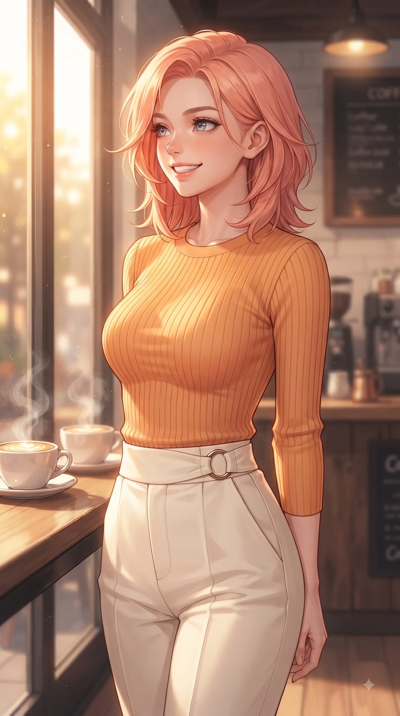 score_9, masterpiece, best quality, ultra-detailed, high-budget anime keyframe, editorial fashion photography, tasteful artistic composition, Japanese woman. close-up cowboy shot from the waist and thighs up, the character dominates the composition, filling the frame with her large presence. Radiant youthful grin reflecting girlhood charm while casting a playful, joyful side-gaze with heavy lashes while looking out a large glass window with a tender cute smile as golden light streams in. The composition keeps background elements in soft focus with dreamy bokeh. steaming latte cups and rustic coffee bar counters blurred smoothly behind her. She has an exceptionally elegant, slender, and willowy female figure with an ultra-slim waist, a gracefully sculpted slender torso, and a refined silhouette. sharp v-shaped jawline, high-bridge nose, intricate jewel-like eyes with depth, thick eyelashes, glossy lips with a natural sheen, flawlessly proportioned anatomical accuracy, natural body alignment, perfectly sculpted elegant limbs, clean dynamic posture without body distortion. wearing a form-contouring ribbed knit top paired with high-waisted tailored stretch trousers in warm apricot orange and cream white, crafted from lightweight fluid chiffon, accented with subtle metallic ring hardware framing her waist, the sleek second-skin texture accentuating her magnetic presence. surrounded by a cozy, intimate, and relaxing cafe atmosphere. ultra-reflective glossy finish, specular highlights, metallic sheen, high-contrast stereoscopic depth, volumetric dynamic lighting, 2k, ultra detail, master piece, 9:16 ratio