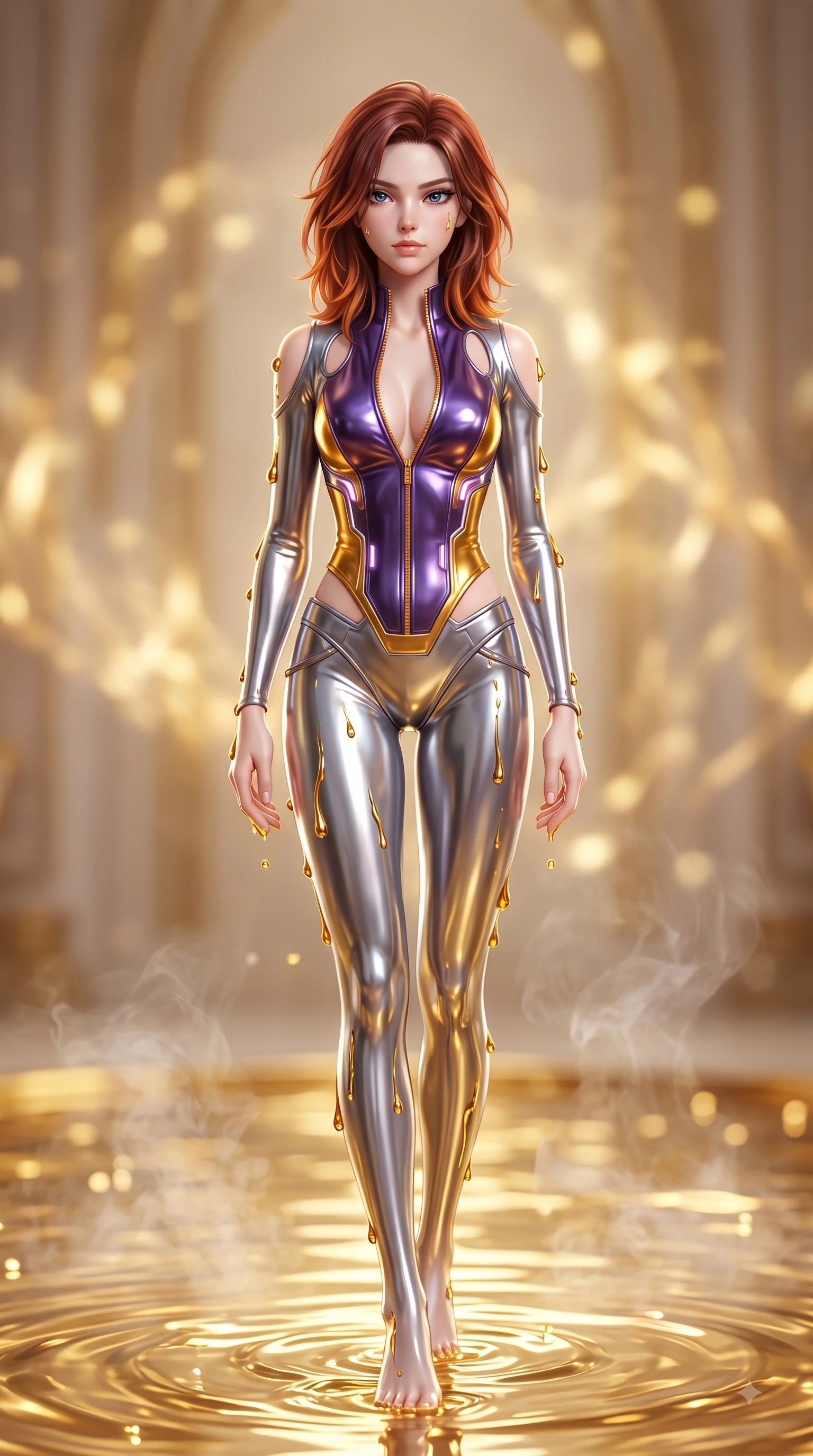 score_9, masterpiece, best quality, ultra-detailed, high-budget anime keyframe, semi-realistic 3D game render, editorial fashion photography, tasteful artistic composition, Korean woman. low angle full-body shot from head to toe showing her feet, filling the entire 9:16 vertical frame with her statuesque presence, stretching her vertical silhouette. striding forward in a proud, statuesque motion with a dangerous smolder, her vertical silhouette dominating the frame from head to toe while rising slowly from a shimmering pool of liquid gold with molten golden droplets tracing her skin. The composition keeps background elements in soft focus with creamy bokeh. golden caustics and steam vapors scattering into a dreamy warm backdrop. She has an absolutely perfect, statuesque 8.5-heads proportion, an exceptionally tall and slender model-like female figure with impossibly long slender legs and an ultra-slim waist. sharp v-shaped jawline, high-bridge nose, intricate jewel-like eyes with depth, thick eyelashes, glossy lips with a natural sheen, flawlessly proportioned anatomical accuracy, natural body alignment, perfectly sculpted elegant limbs, clean dynamic posture without body distortion. wearing a form-fitting top made of molten liquid-mercury fabric that clings to her curves, with strategic tear-drop shoulder cutouts and a dangerously unzipped front collar in lustrous molten gold and pure deep violet, made of liquid metal jersey that clings flawlessly to every contour of her build, featuring a dangerously unzipped neckline framed by glowing cybernetic accents, the form-contouring second-skin material highlighting her ultra-slim waist and long lines. surrounded by a mysterious, opulent, and dangerously sensual sanctuary atmosphere. highly saturated vibrant anime colors, detailed shading with soft gradients, rich glossy textures, high-contrast stereoscopic depth, volumetric dynamic lighting, master piece, 9:16 ratio