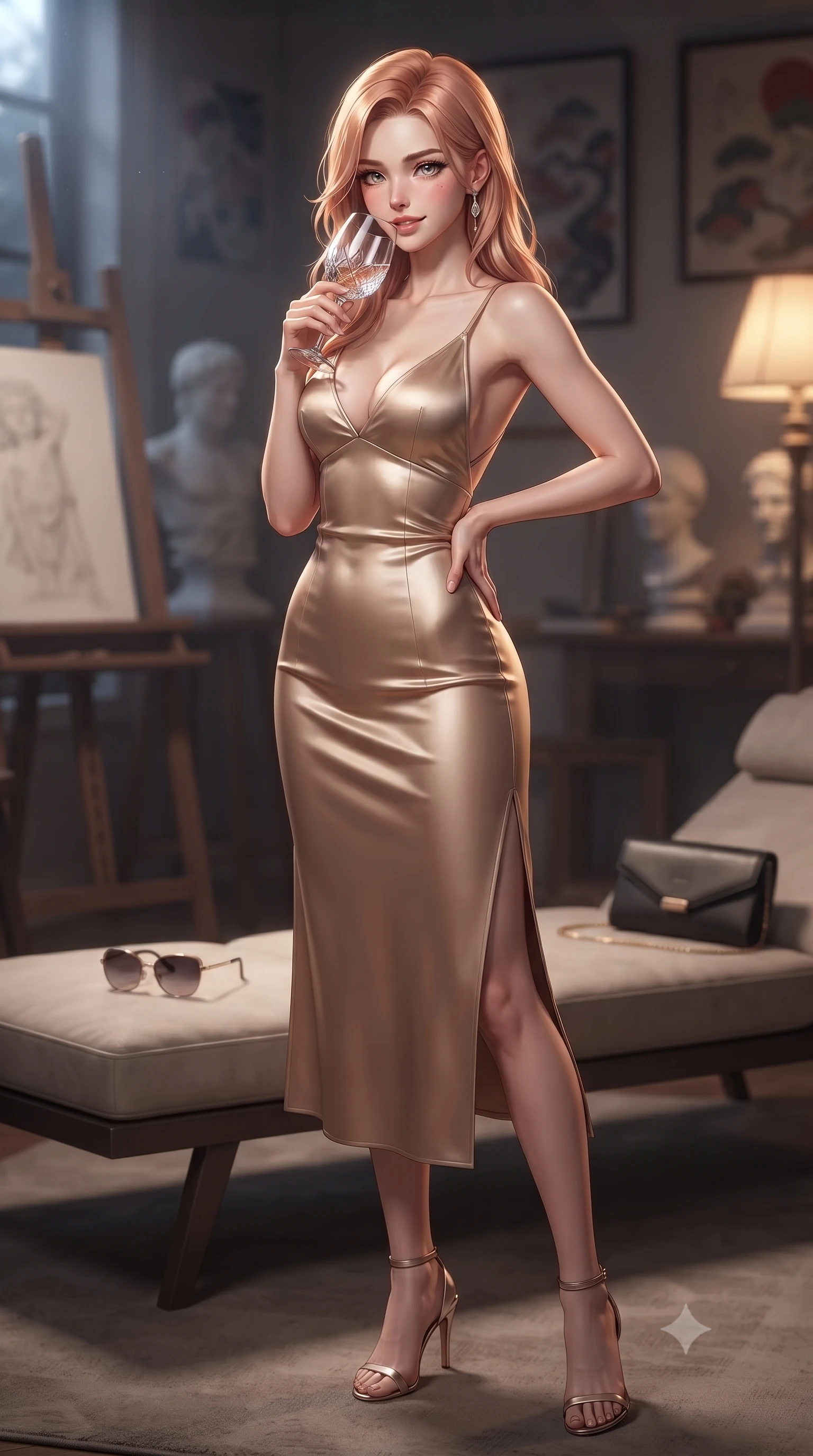 score_9, masterpiece, best quality, ultra-detailed, high-budget anime keyframe, editorial fashion photography, tasteful artistic composition, Japanese woman. close-up cowboy shot from the waist and thighs up, the character dominates the composition, filling the frame with her large presence, background elements kept in soft focus. resting one hand on her ultra-slim waist while holding a crystal wine glass near her lips with an alluring smile set against a soft-focus background of inside an exclusive art atelier with a pair of designer sunglasses and a sleek leather clutch bag on the lounger. She has an exceptionally elegant, slender, and willowy female figure with an ultra-slim waist, a gracefully sculpted slender torso, and a refined silhouette. sharp v-shaped jawline, high-bridge nose, intricate jewel-like eyes with depth, thick eyelashes, glossy lips with a natural sheen. wearing tailored warm beige liquid satin open-back silk slip dress featuring a deep V-neckline and a leg-lengthening side slit featuring refined tailored seams. illuminated by soft silver moonlight contrasting with the warm amber glow of a nearby lamp. ultra-reflective glossy finish, specular highlights, metallic sheen, high-contrast stereoscopic depth, volumetric dynamic lighting, 2k, ultra detail, master piece, 9:16 ratio