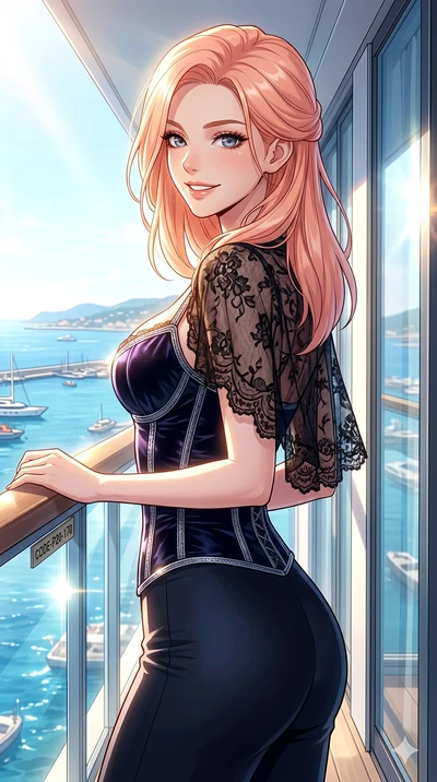 score_9, masterpiece, best quality, ultra-detailed, high-budget anime keyframe, vibrant anime aesthetic, Japanese woman. cowboy shot from the thighs up, character and outfit filling the frame for maximum presence. She is standing tall, looking over h