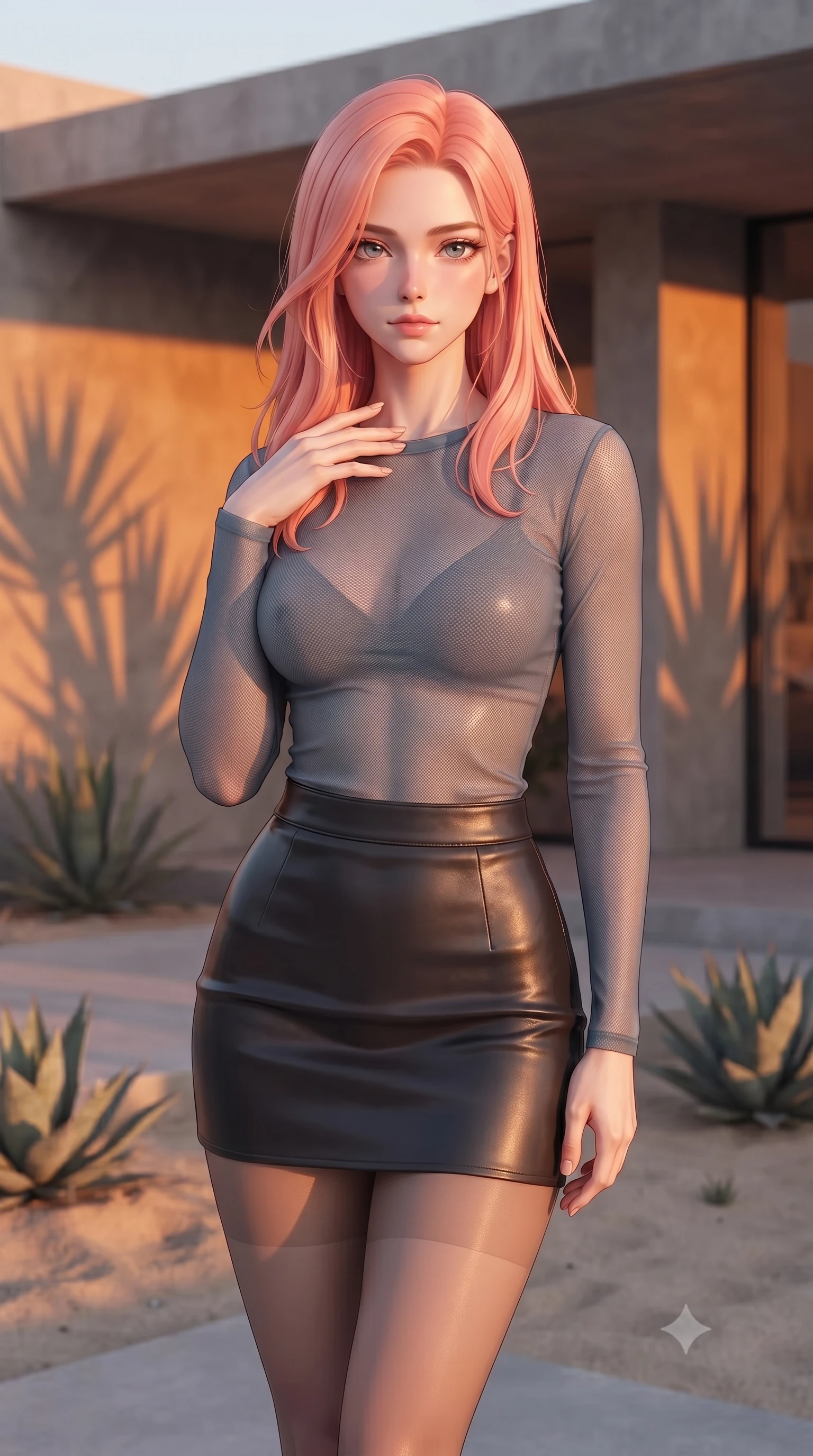 score_9, masterpiece, best quality, ultra-detailed, high-budget anime keyframe, editorial fashion photography, tasteful artistic composition, Japanese woman. close-up cowboy shot from the waist and thighs up, the character dominates the composition, filling the frame with her large presence, background elements kept in soft focus. standing with one hand resting on her collarbone, looking at the viewer with bedroom-eyes the background shows a soft-focus a modern concrete villa garden with minimalist succulents and sand landscaping at sunset. She has an exceptionally elegant, slender, and willowy female figure with an ultra-slim waist, a gracefully sculpted slender torso, and a refined silhouette. sharp v-shaped jawline, high-bridge nose, intricate jewel-like eyes with depth, thick eyelashes, glossy lips with a natural sheen. wearing a slim-fit semi-transparent mesh top in slate grey, paired with a leather mini skirt and sheer stockings. dramatic orange glow of a sunset casting long plant shadows. highly saturated vibrant anime colors, detailed shading with soft gradients, rich glossy textures, high-contrast stereoscopic depth, volumetric dynamic lighting, master piece, 9:16 ratio