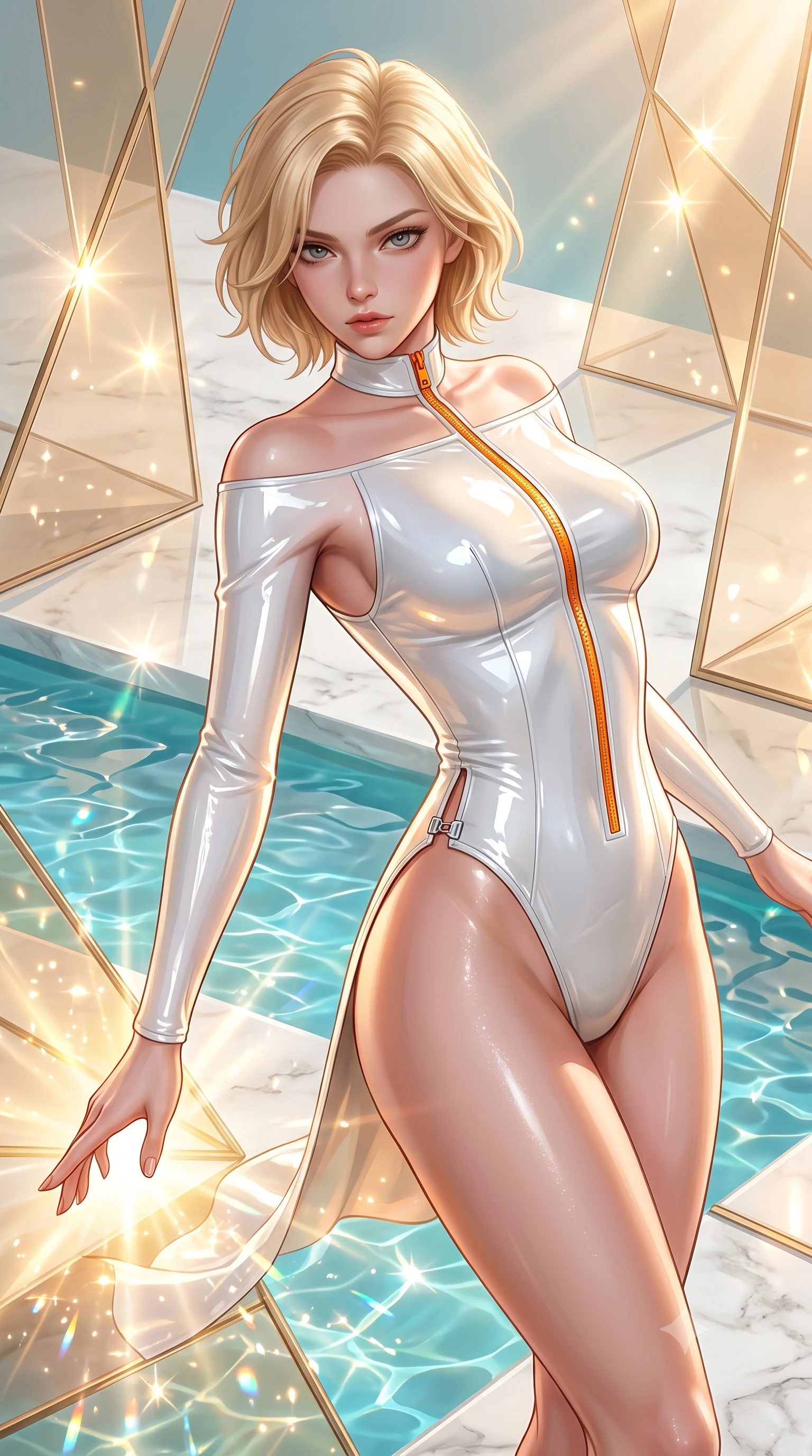 score_9, masterpiece, best quality, ultra-detailed, high-budget anime keyframe, semi-realistic 3D game render, editorial fashion photography, tasteful artistic composition, Caucasian woman. close-up cowboy shot from the waist and thighs up, the character dominates the composition, filling the frame with her large presence. extending one arm gracefully toward the light while her torso arches in a sleek, alluring curve with magnetic intensity while pivoting dynamically amidst geometric champagne-tinted glass panels reflecting sparkling sunbursts. The surrounding environment is rendered in vivid detail and crisp panoramic clarity. crisp champagne glass panel geometries, clear turquoise water ripples, and polished white stone in deep focus. She has an exceptionally elegant, slender, and willowy female figure with an ultra-slim waist, a gracefully sculpted slender torso, toned flat midriff, and a refined slim silhouette. sharp v-shaped jawline, high-bridge nose, intricate jewel-like eyes with depth, thick eyelashes, glossy lips with a natural sheen, flawlessly proportioned anatomical accuracy, strict slender model proportions, natural body alignment, perfectly sculpted long slender limbs, ultra-slim waistline, clean dynamic posture without body distortion. wearing a glossy white second-skin latex bodysuit with high-thigh cuts, exposed clavicle neckline, and gleaming zipper details in vivid sunset amber orange and cloud white, formed from high-gloss patent material with specular light reflections, finished with an ultra-high side slit secured by miniature magnetic clasps, the glove-like aerodynamic second-skin fit tightly clinging to her ultra-slender waist and athletic curves without adding bulk, accentuating her razor-sharp statuesque lines and slim hourglass silhouette. bathed in warm champagne-gold sunbursts and sparkling aquatic water refractions. highly saturated vibrant anime colors, detailed shading with soft gradients, rich glossy textures, high-contrast stereoscopic depth, volumetric dynamic lighting, master piece, 9:16 ratio