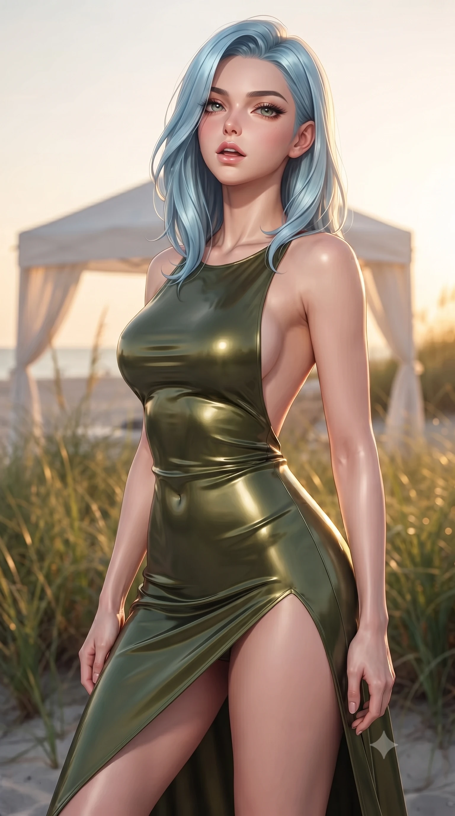 score_9, masterpiece, best quality, ultra-detailed, high-budget anime keyframe, editorial fashion photography, tasteful artistic composition, Korean woman woman. close-up cowboy shot from the waist and thighs up, the character dominates the composition, filling the frame with her large presence, background elements kept in soft focus. tilting her chin up slightly with lips parted in a composed, provocative expression the background shows a soft-focus a white canopy tent on a quiet beach resort, surrounded by tall beachgrass. She has an exceptionally elegant, slender, and willowy female figure with an ultra-slim waist, a gracefully sculpted slender torso, and a refined silhouette. sharp v-shaped jawline, high-bridge nose, intricate jewel-like eyes with depth, thick eyelashes, glossy lips with a natural sheen. wearing a form-contouring dramatic open-back maxi dress in olive green, featuring a high thigh slit. warm golden afternoon sunlight bathing the sands in a soft glow. ultra-reflective glossy finish, specular highlights, metallic sheen, high-contrast stereoscopic depth, volumetric dynamic lighting, 2k, ultra detail, master piece, 9:16 ratio