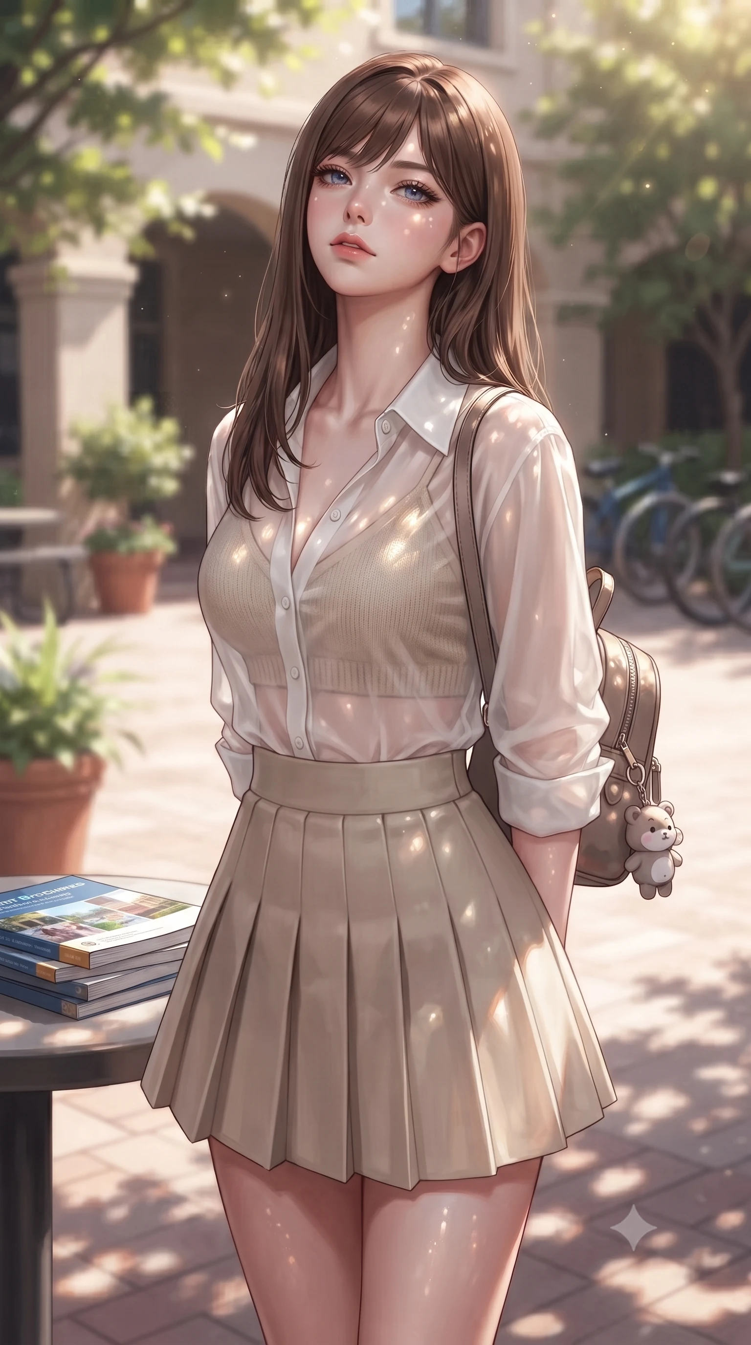score_9, masterpiece, best quality, ultra-detailed, high-budget anime keyframe, editorial fashion photography, tasteful artistic composition, Korean woman. close-up cowboy shot from the waist and thighs up, the character dominates the composition, filling the frame with her large presence, background elements kept in soft focus. tilting her chin up with a composed yet magnetic gaze under long dark eyelashes set against a soft-focus background of in a sunlit campus courtyard filled with student tables, potted plants, and bicycle racks with a pile of student brochures and a cute key ring on her backpack. She has an exceptionally elegant, slender, and willowy female figure with an ultra-slim waist, a gracefully sculpted slender torso, and a refined silhouette. sharp v-shaped jawline, high-bridge nose, intricate jewel-like eyes with depth, thick eyelashes, glossy lips with a natural sheen. wearing slim-fit sheer chiffon button-up shirt in white, worn over a slim-fit knit bralette and a mini skirt. dappled sunlight creating beautiful light patterns on her skin and the ground. ultra-reflective glossy finish, specular highlights, metallic sheen, high-contrast stereoscopic depth, volumetric dynamic lighting, 2k, ultra detail, master piece, 9:16 ratio
