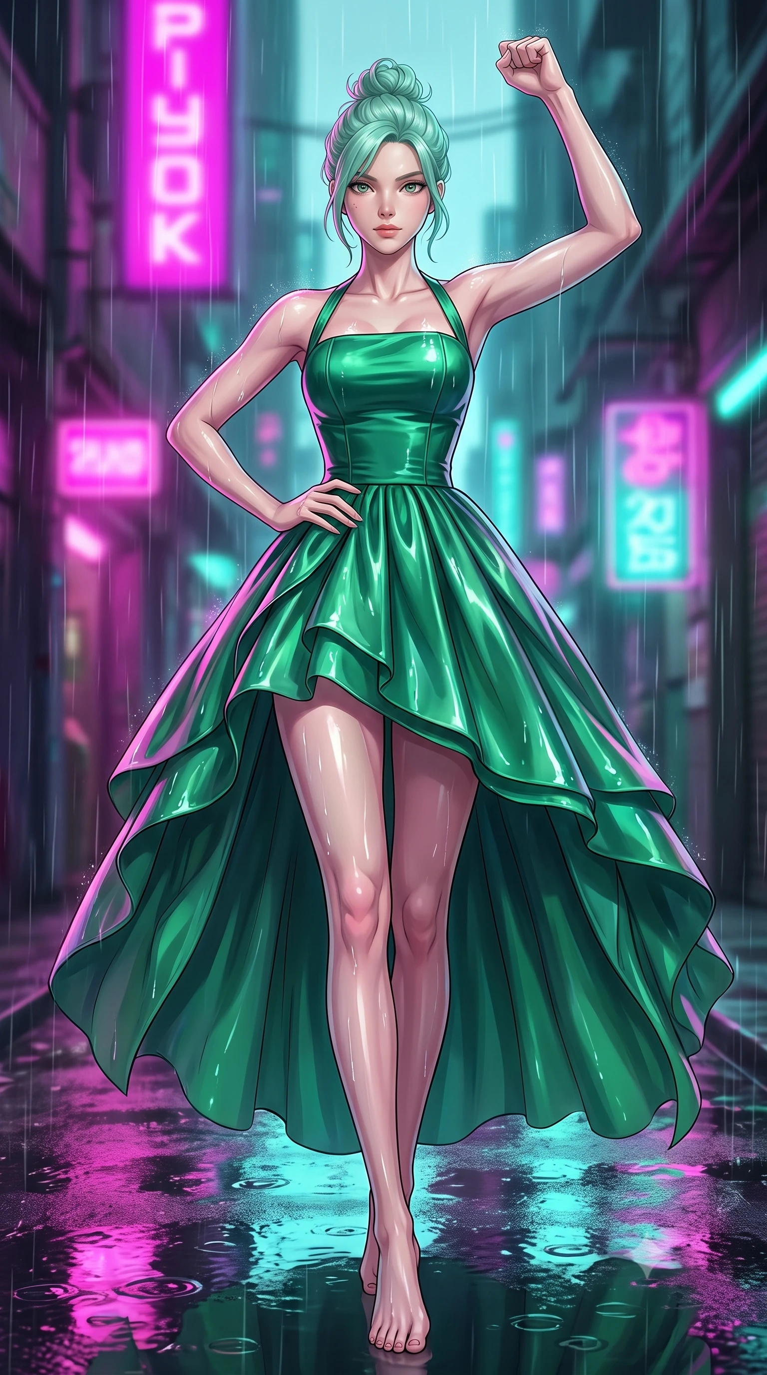 score_9, masterpiece, best quality, ultra-detailed, high-budget anime keyframe, editorial fashion photography, tasteful artistic composition, Japanese woman woman. low angle full-body shot from head to toe showing her feet, filling the entire 9:16 vertical frame with her statuesque presence, stretching her vertical silhouette. She has an absolutely perfect, statuesque 8.5-heads proportion, an exceptionally tall and slender model-like female figure with impossibly long slender legs and an ultra-slim waist. standing victorious in a commanding statuesque pose, filling the frame with her slender presence, flawlessly proportioned anatomical accuracy, natural body alignment, perfectly sculpted elegant limbs, clean dynamic posture without body distortion. set against a soft-focus background of a cyberpunk alley with wet asphalt reflecting rain. wearing a modern fusion silk hanbok dress with a structured emerald bodice and flowing layered skirt. drenched in wet neon reflections of magenta and turquoise casting glossy specular highlights. highly saturated vibrant anime colors, detailed shading with soft gradients, rich glossy textures, high-contrast stereoscopic depth, volumetric dynamic lighting, master piece, 9:16 ratio