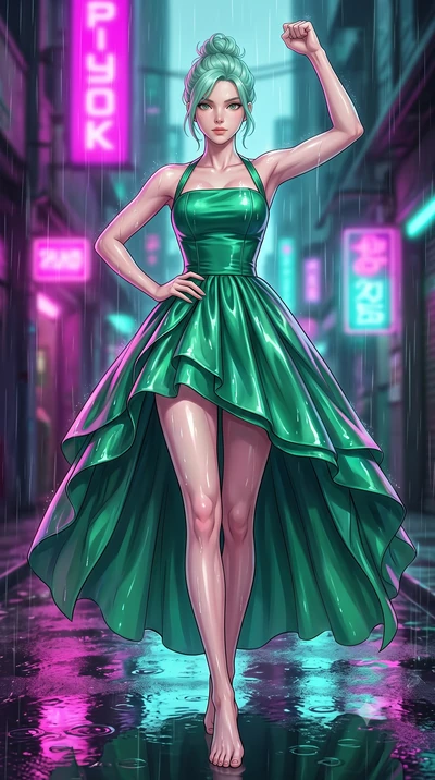 score_9, masterpiece, best quality, ultra-detailed, high-budget anime keyframe, editorial fashion photography, tasteful artistic composition, Japanese woman woman. low angle full-body shot from head to toe showing her feet, filling the entire 9:16 ve
