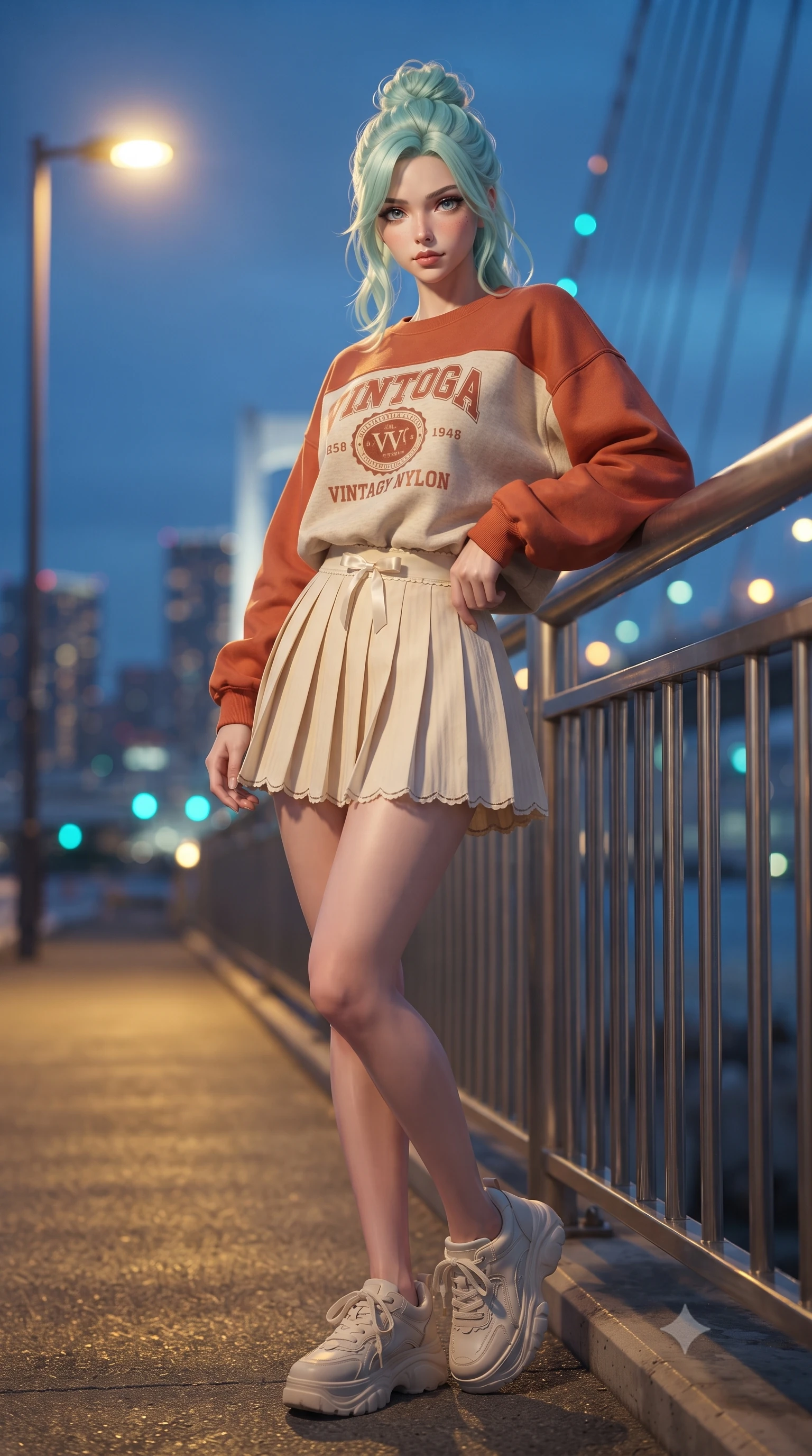 score_9, masterpiece, best quality, ultra-detailed, high-budget anime keyframe, editorial fashion photography, tasteful artistic composition, Japanese woman. low angle full-body shot from head to toe showing her feet, filling the entire 9:16 vertical frame with her statuesque presence, stretching her vertical silhouette. standing poised with one hip cocked in an alluring high-fashion pose, her tall 8.5-heads proportions dominating the scene while resting against the bridge railing overlooking shimmering harbor lights, looking directly into the camera with starry eyes. The composition keeps background elements in soft focus with creamy bokeh. distant city harbor skylines and suspension bridge cable lights blurred into soft sapphire, amber, and turquoise bokeh. She has an absolutely perfect, statuesque 8.5-heads proportion, an exceptionally tall and slender model-like female figure with impossibly long slender legs, a toned flat midriff, and an ultra-slim waist. sharp v-shaped jawline, high-bridge nose, intricate jewel-like eyes with depth, thick eyelashes, glossy lips with a natural sheen, captivating and magnetic expression, flawlessly proportioned anatomical accuracy, strict slender model proportions, natural body alignment, perfectly sculpted long slender limbs, ultra-slim waistline, clean dynamic posture without body distortion. wearing a vibrant retro graphic oversized sweatshirt paired with a pleated tennis skirt and chunky sneakers in warm terracotta and oatmeal beige, made of crisp lightweight vintage crinkle nylon, finished with a dainty waist ribbon bow and scalloped hemline trims, the sleek tailored cut tightly hugging her graceful clavicle, narrow waist, and feminine curves with statuesque precision. bathed in warm yellow streetlamp illumination and cool blue midnight sky ambient fill. ultra-reflective glossy finish, specular highlights, rich textural contrasts, high-contrast stereoscopic depth, volumetric dynamic lighting, 2k, ultra detail, master piece, 9:16 ratio