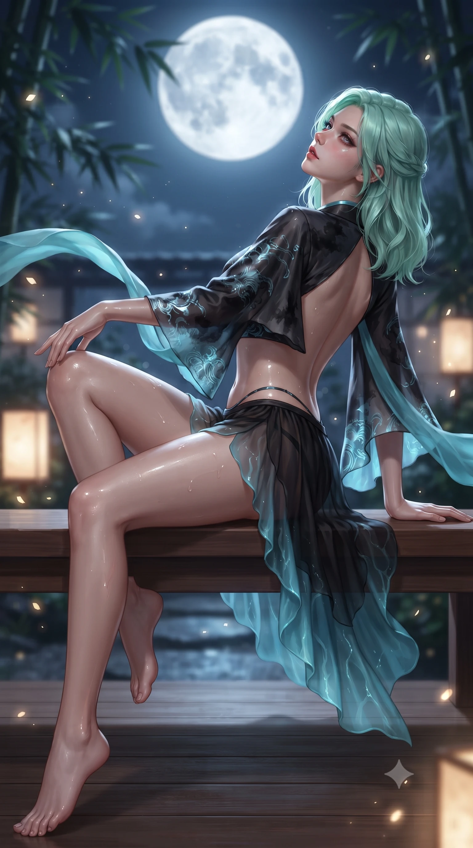 score_9, masterpiece, best quality, ultra-detailed, high-budget anime keyframe, editorial fashion photography, tasteful artistic composition, Japanese woman. low angle full-body shot from head to toe showing her feet, filling the entire 9:16 vertical frame with her statuesque presence, stretching her vertical silhouette. reclining on her side in an elegant Cleopatra pose with one knee drawn up, the dramatic contour of her rounded hips and long slender legs commanding the 9:16 vertical frame while reclining on the cedar bench with legs extended toward the warm water, head tilted back toward the full moon with smoldering bedroom-eyes. The composition keeps background elements in soft focus with creamy bokeh. drifting bamboo leaves and glowing lantern light rays scattering soft luminous light motes. She has an absolutely perfect, statuesque 8.5-heads proportion, an exceptionally tall and slender model-like female figure with impossibly long slender legs, a toned flat midriff, an ultra-slim waist, and beautifully sculpted feminine hips. sharp v-shaped jawline, high-bridge nose, intricate jewel-like eyes with depth, thick eyelashes, glossy parted lips with a natural sheen, intensely captivating and seductive bedroom-eyes expression, flawlessly proportioned anatomical accuracy, strict slender model proportions, natural body alignment, perfectly sculpted long slender limbs, ultra-slim waistline, clean dynamic posture without body distortion. wearing a modern shortened silk-yukata crop top with wide fluttering sleeves and low-slung swim shorts in dark ink-wash black and radiant moonlight cyan, woven from sheer cascading chiffon that ripples like water, finished with long flowing silk arm ribbons that float weightlessly in the night breeze, the dramatically scooped open back descending to the base of her spine, accentuating her razor-sharp statuesque lines and curvy hourglass silhouette. illuminated by wet specular highlights accentuating her slender neckline, sculpted waist, and rounded hips. ultra-reflective glossy finish, specular highlights, rich textural contrasts, high-contrast stereoscopic depth, volumetric dynamic lighting, 2k, ultra detail, master piece, 9:16 ratio