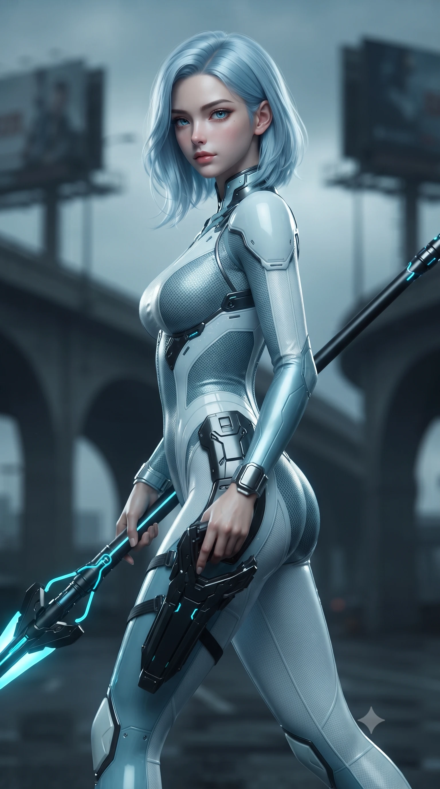 score_9, masterpiece, best quality, ultra-detailed, high-budget anime keyframe, editorial fashion photography, tasteful artistic composition, Korean woman. close-up cowboy shot from the waist and thighs up, the character dominates the composition, filling the frame with her large presence. stretching forward with an alluring arch of her spine, glancing over her shoulder with divine self-assurance and magnetic intensity while pivoting dynamically in mid-stride with twin glowing crimson high-frequency vibro-blades drawn in a deadly X-stance. The composition keeps background elements in soft focus with creamy bokeh. expressway overpass arches and towering billboard scaffoldings softened in moody shallow depth of field. She has an exceptionally elegant, slender, and willowy female figure with an ultra-slim waist, a gracefully sculpted slender torso, toned flat midriff, and a refined slim silhouette. sharp v-shaped jawline, high-bridge nose, intricate jewel-like eyes with depth, thick eyelashes, glossy lips with a natural sheen, flawlessly proportioned anatomical accuracy, strict slender model proportions, natural body alignment, perfectly sculpted long slender limbs, ultra-slim waistline, clean dynamic posture without body distortion. wearing an ultra-sleek glacial-cyan and white carbon-mesh combat bodysuit with frost-resistant plating, holding a glowing high-frequency cryo-energy spear with commanding poise in matte obsidian carbon black with electric cyan conduits, made of lightweight aerodynamic carbon-titanium alloy with polished edge bevels, detailed with magnetic weapon holsters and polished chrome connection clasps, the sleek second-skin cut tightly hugging her graceful clavicle, narrow waist, and feminine curves with athletic precision. surrounded by a fast, fierce, and intoxicatingly seductive cyber-assassin muse aura. ultra-reflective glossy finish, specular highlights, dark metallic sheen, high-contrast stereoscopic depth, volumetric dynamic lighting, 2k, ultra detail, master piece, 9:16 ratio