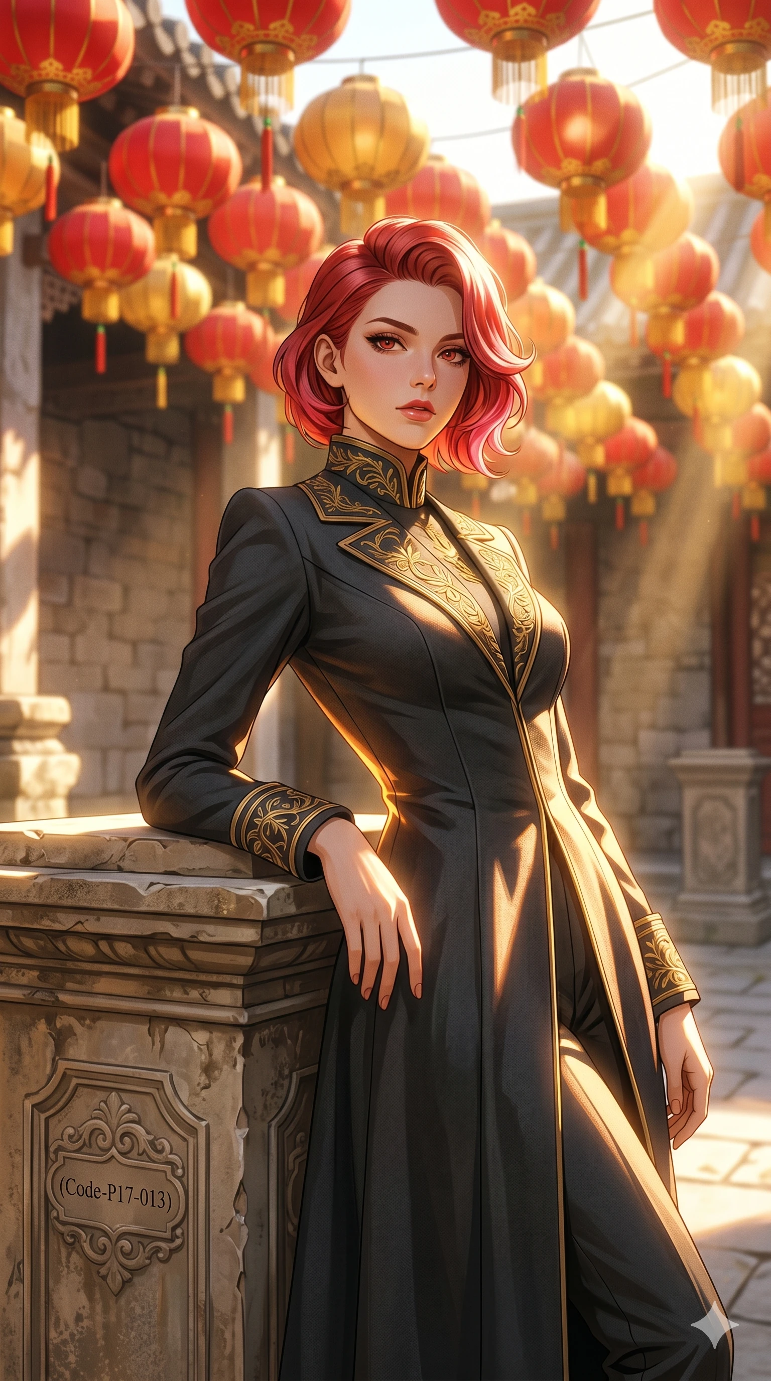 score_9, masterpiece, best quality, ultra-detailed, high-budget anime keyframe, editorial fashion photography, tasteful artistic composition, Caucasian woman, strictly human ears. cowboy shot from the thighs up, character and outfit filling the frame for maximum editorial presence. leaning back against the pedestal, looking at the viewer with an air of effortless superiority under a canopy of hanging red and gold silk lanterns in a stone courtyard (Code-P17-013). She has an absolutely perfect 8-heads proportion, an exceptionally tall and slender female figure with impossibly long slender legs and an ultra-slim waist. V-shaped jawline, high-bridge nose, intricate jewel-like eyes with depth, thick eyelashes, glossy lips with a natural sheen. wearing a structured high-neck academic robe with gold embroidery and neat tailoring. bathed in brilliant midday sunbeams, casting sharp warm highlights that outline her slender waist. 2k, ultra detail, master piece, 9:16 ratio