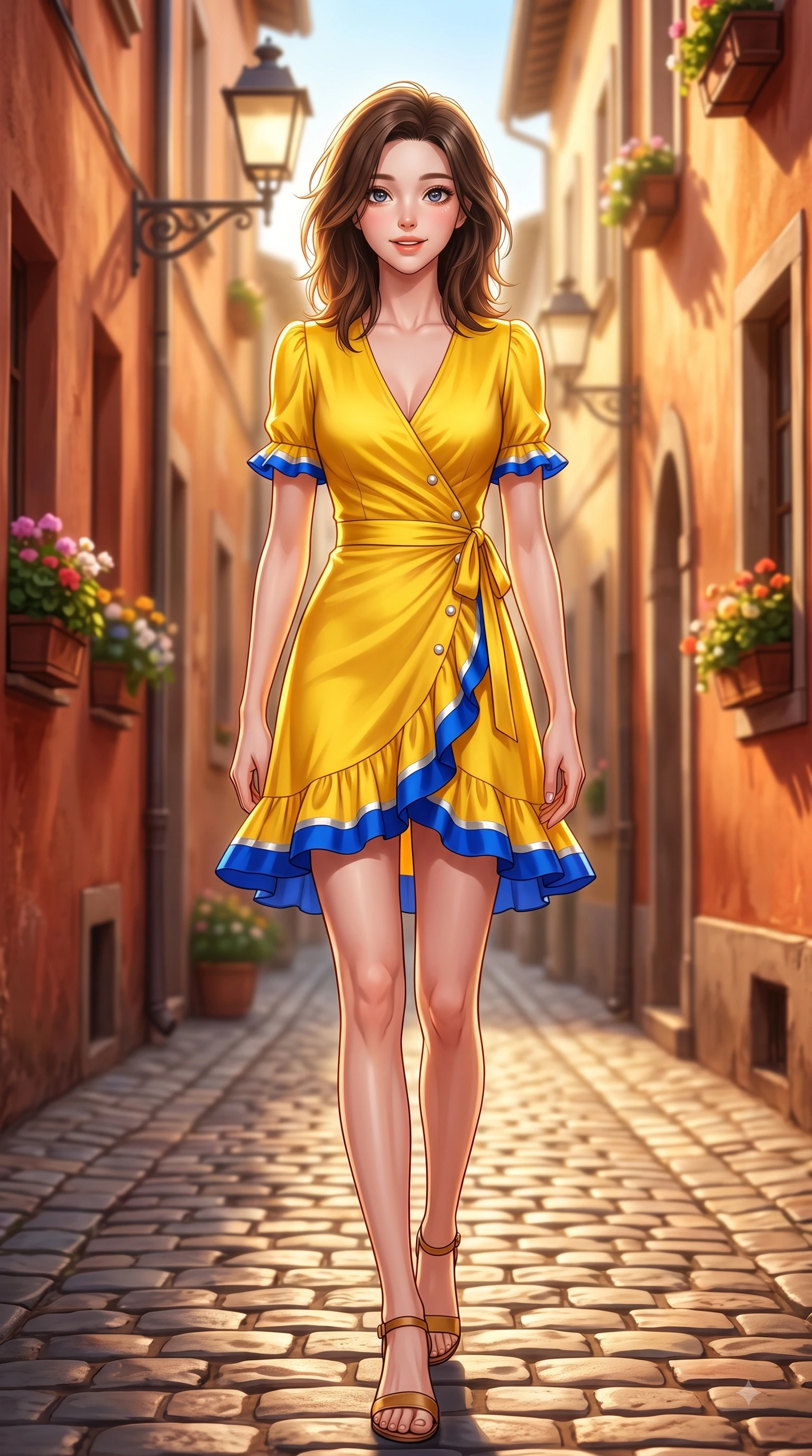 score_9, masterpiece, best quality, ultra-detailed, high-budget anime keyframe, editorial fashion photography, tasteful artistic composition, Korean woman. low angle full-body shot from head to toe showing her feet, filling the entire 9:16 vertical frame with her statuesque presence, stretching her vertical silhouette. Expectant hopeful expression with wide sparkling eyes and a soft eager smile as if waiting for a loved one while striding dramatically down a sun-drenched European cobblestone alley lined with rustic terracotta walls. The composition keeps background elements in soft focus with dreamy bokeh. sunlit cobblestones and vintage street lamps softened in a dreamy editorial depth of field. She has an absolutely perfect, statuesque 8.5-heads proportion, an exceptionally tall and slender model-like female figure with impossibly long slender legs and an ultra-slim waist. sharp v-shaped jawline, high-bridge nose, intricate jewel-like eyes with depth, thick eyelashes, glossy lips with a natural sheen, flawlessly proportioned anatomical accuracy, natural body alignment, perfectly sculpted elegant limbs, clean dynamic posture without body distortion. wearing a cheerful sunflower yellow silk wrap dress with fluttery ruffle hems in electric cobalt blue and polished silver accent, crafted from smooth liquid silk satin, accented with delicate pearl buttons and refined ruffle trims, the tailored fit highlighting her statuesque and model-like silhouette. surrounded by a sophisticated, cinematic, and timeless European editorial aura. highly saturated vibrant anime colors, detailed shading with soft gradients, rich glossy textures, high-contrast stereoscopic depth, volumetric dynamic lighting, master piece, 9:16 ratio