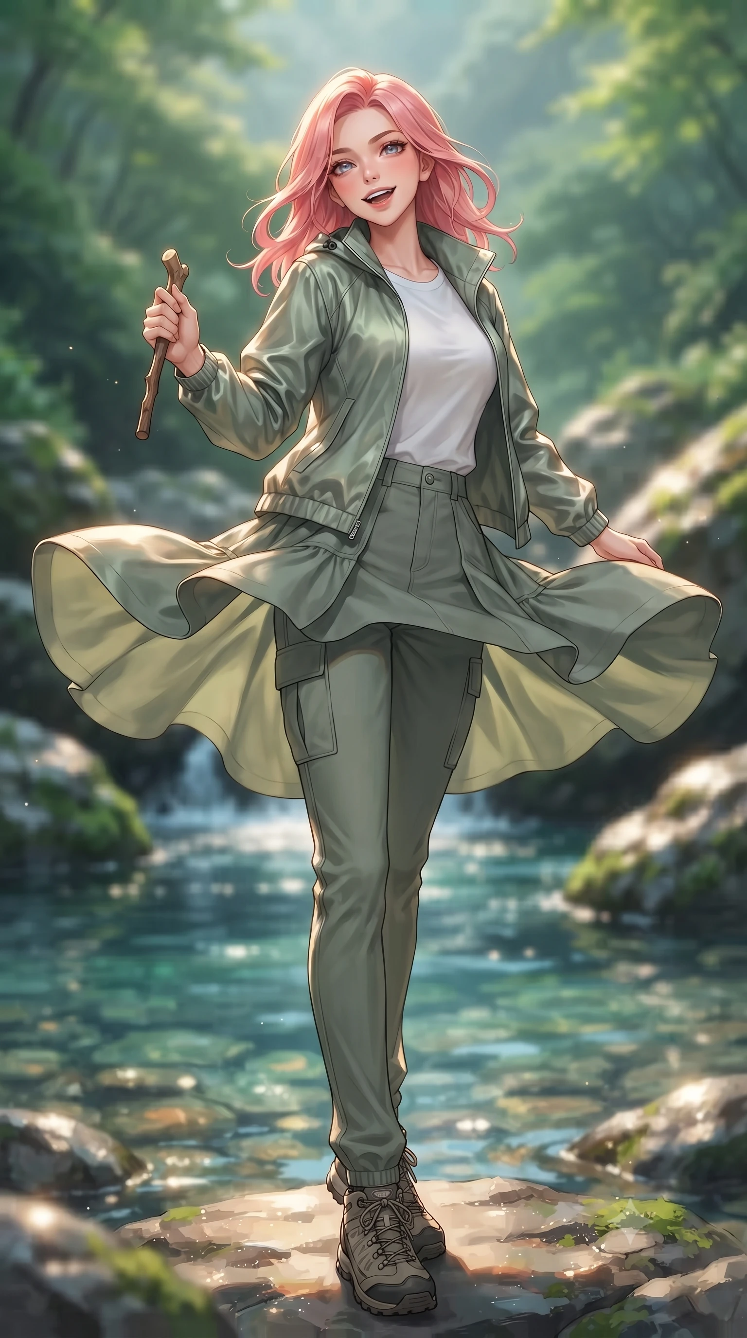 score_9, masterpiece, best quality, ultra-detailed, high-budget anime keyframe, editorial fashion photography, tasteful artistic composition, Japanese woman. low angle full-body shot from head to toe showing her feet, filling the entire 9:16 vertical frame with her statuesque presence, stretching her vertical silhouette. twirling around with a playful, cute laugh, her skirt billowing beautifully in the air set against a soft-focus background of next to a cool, crystal-clear stream flowing through a lush green valley holding a small wooden walking stick with a bright, active smile. She has an absolutely perfect, statuesque 8.5-heads proportion, an exceptionally tall and slender model-like female figure with impossibly long slender legs and an ultra-slim waist. sharp v-shaped jawline, high-bridge nose, intricate jewel-like eyes with depth, thick eyelashes, glossy lips with a natural sheen. wearing tailored casual athletic windbreaker in sage green, paired with a simple tee and cargo pants. soft afternoon sunlight reflecting off the wet rocks and water pool. ultra-reflective glossy finish, specular highlights, metallic sheen, high-contrast stereoscopic depth, volumetric dynamic lighting, 2k, ultra detail, master piece, 9:16 ratio