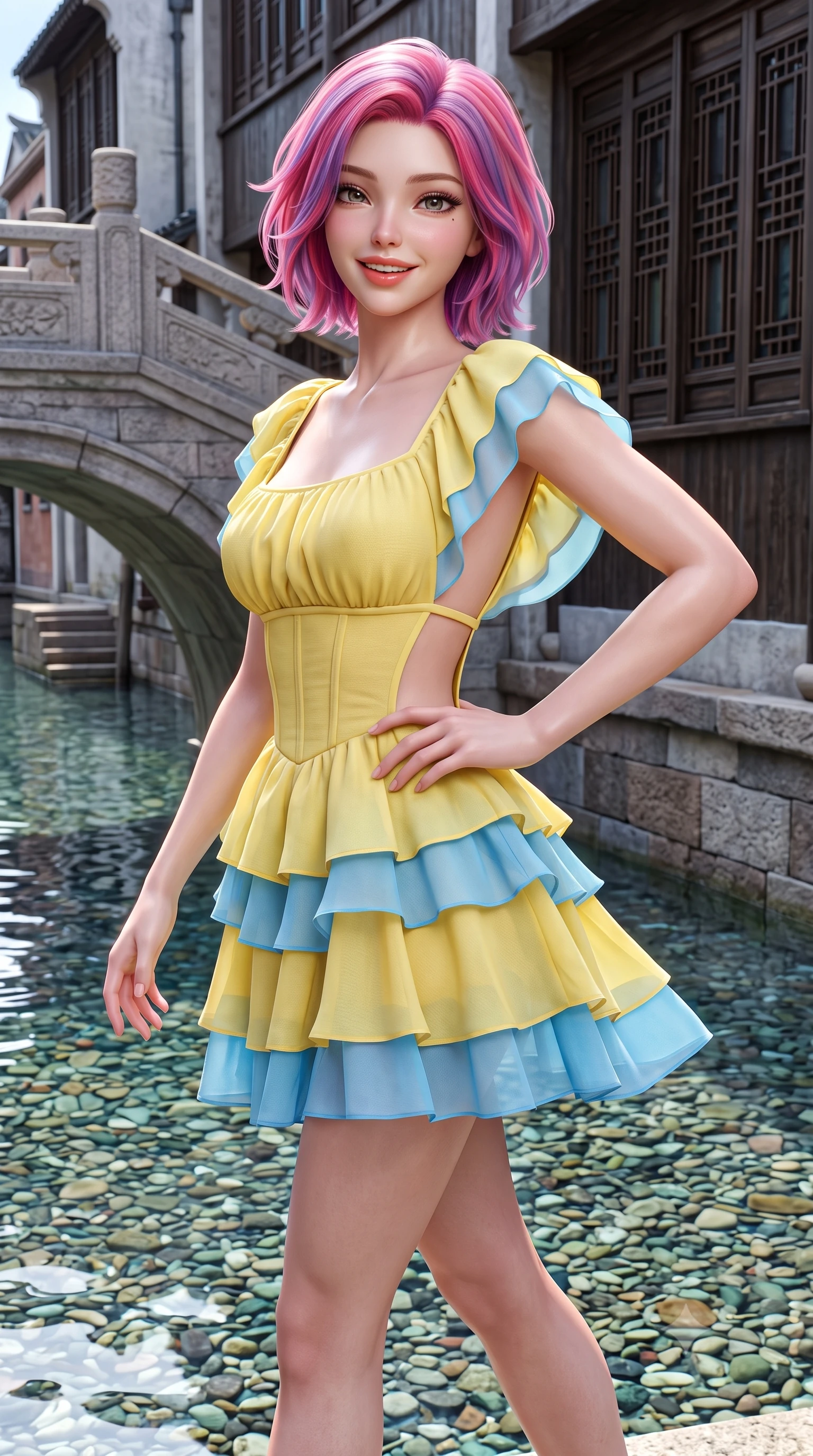 score_9, masterpiece, best quality, ultra-detailed, high-budget anime keyframe, semi-realistic 3D game render, editorial fashion photography, tasteful artistic composition, Caucasian woman. close-up cowboy shot from the waist and thighs up, the character dominates the composition, filling the frame with her large presence. twisting her slender torso in an alluring contrapposto stance, one hand resting on her sculpted hip while flashing a radiant, playful smile with parted glossy lips while walking dynamically along the crystal-clear shallow canal, her form-hugging outfit accentuating her narrow waist and curvy hips in the gentle breeze. The surrounding environment is rendered in vivid detail and crisp panoramic clarity. sharp carved granite bridge masonry, dark wooden lattice window screens, and canal pebble clarity in deep focus. She has an exceptionally elegant, slender, and willowy female figure with an ultra-slim waist, flat toned midriff, narrow ribcage, and sculpted feminine hips creating an alluring, slim hourglass silhouette without bulk. sharp v-shaped jawline, high-bridge nose, intricate jewel-like sparkling eyes with depth, thick eyelashes, glossy parted lips with a natural peach sheen, bright cheerful beaming smile with an enchanting and coquettish sensual glint, exuding both youthful cute charm and seductive allure, flawlessly proportioned anatomical accuracy, strict slender model proportions, natural body alignment, perfectly sculpted long slender limbs, ultra-slim waistline, clean dynamic posture without body distortion. wearing a tiered ruffled chiffon mini dress with a fitted corseted waist and open back in sunny daffodil yellow and clear sky blue, crafted from soft breathable linen with effortless natural drape, featuring elegant flutter sleeves and a graceful square neckline, the precision-cut side openings and low-back scoop framing her graceful spine and the sensual sweep of her slim, toned hips. illuminated by crystal water specular reflections accentuating her sculpted midriff, narrow waist, and curvy hips. highly saturated vibrant anime colors, detailed shading with soft gradients, rich glossy textures, high-contrast stereoscopic depth, volumetric dynamic lighting, master piece, 9:16 ratio