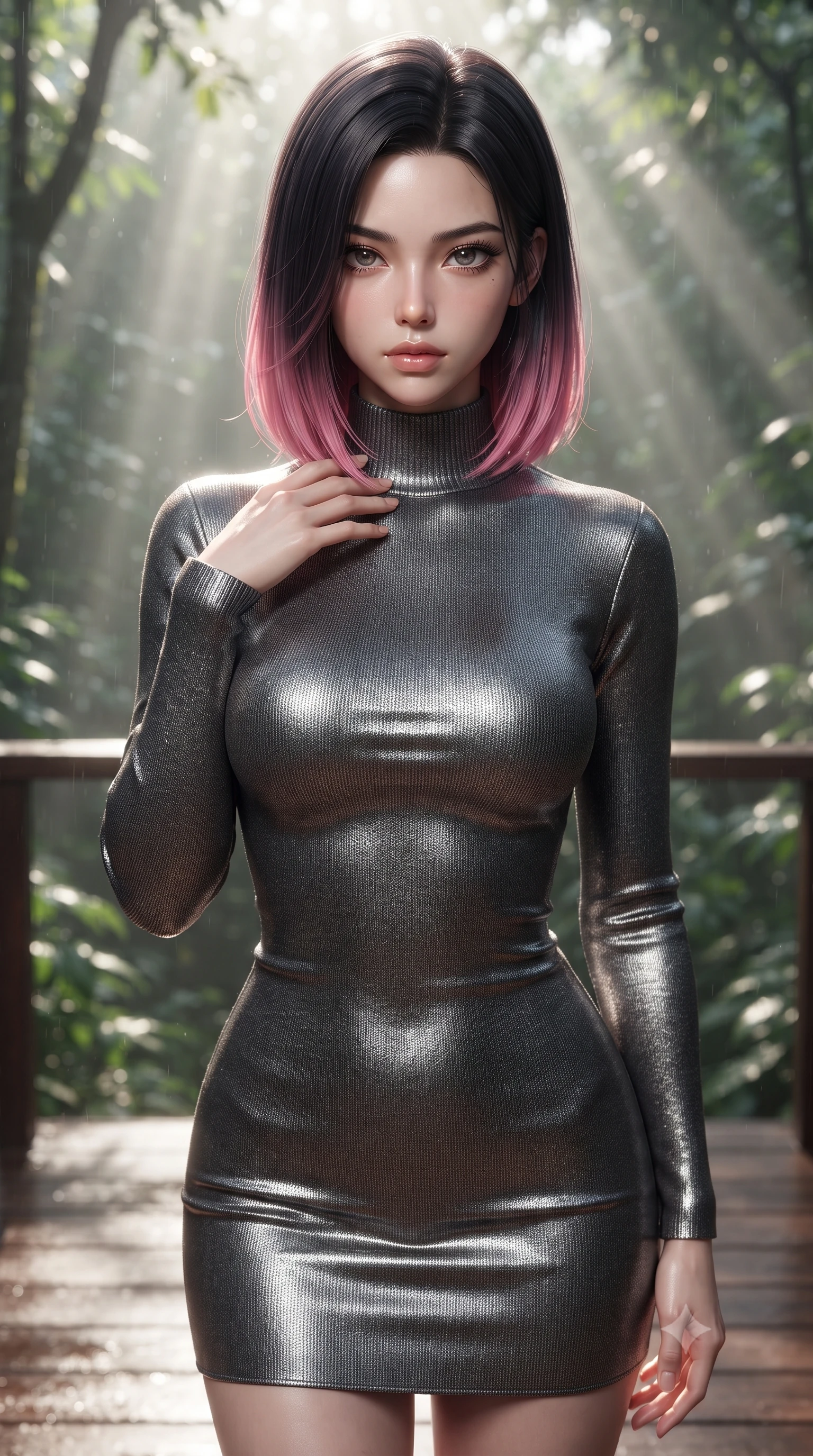 score_9, masterpiece, best quality, ultra-detailed, high-budget anime keyframe, editorial fashion photography, tasteful artistic composition, Korean woman woman. close-up cowboy shot from the waist and thighs up, the character dominates the composition, filling the frame with her large presence, background elements kept in soft focus. standing with one hand resting on her collarbone, looking at the viewer with bedroom-eyes the background shows a soft-focus a wooden deck of a modern villa suspended high in the canopy of a tropical forest. She has an exceptionally elegant, slender, and willowy female figure with an ultra-slim waist, a gracefully sculpted slender torso, and a refined silhouette. sharp v-shaped jawline, high-bridge nose, intricate jewel-like eyes with depth, thick eyelashes, glossy lips with a natural sheen. wearing a body-hugging form-contouring bodycon sweater dress in charcoal grey, featuring a snug mock-neck. sunbeams slicing through the damp forest air, creating volumetric light rays. ultra-reflective glossy finish, specular highlights, metallic sheen, high-contrast stereoscopic depth, volumetric dynamic lighting, 2k, ultra detail, master piece, 9:16 ratio