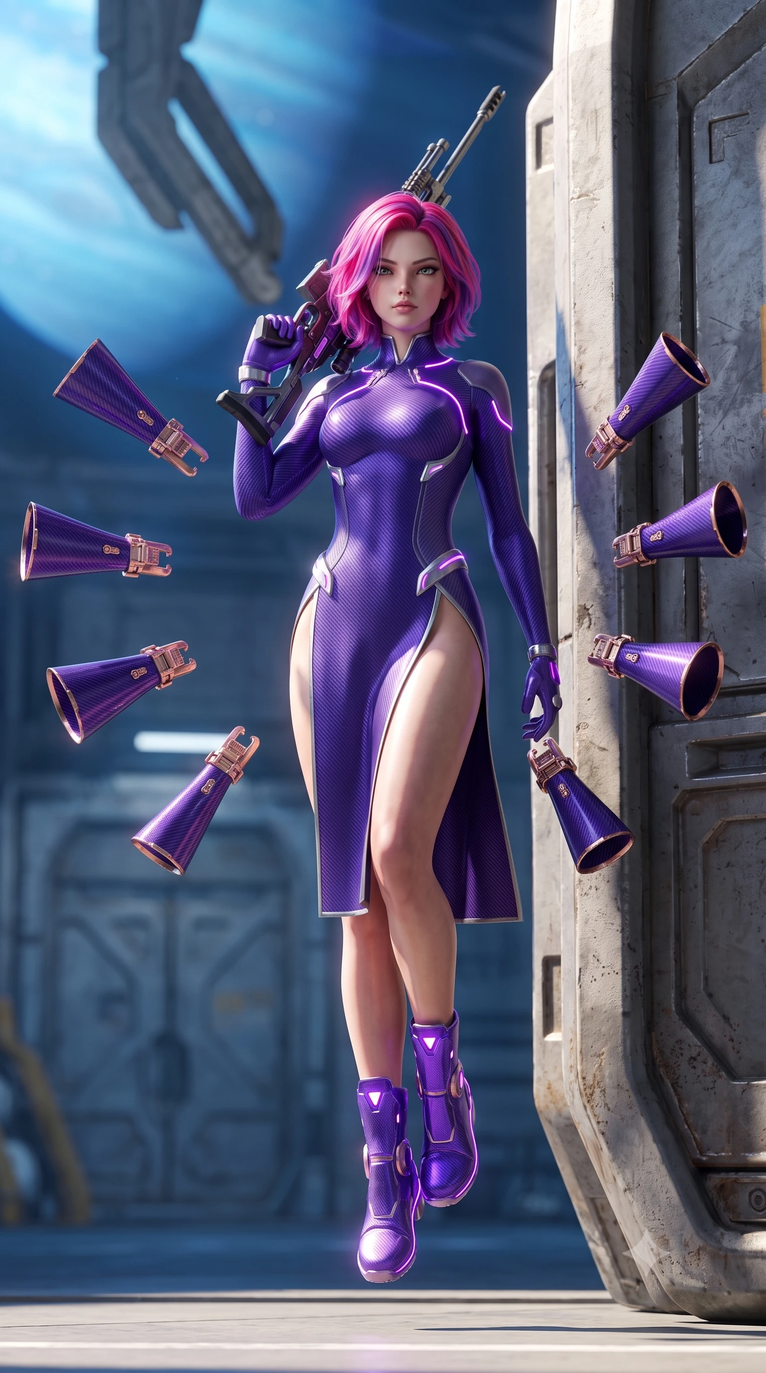 score_9, masterpiece, best quality, ultra-detailed, high-budget anime keyframe, semi-realistic 3D game render, editorial fashion photography, tasteful artistic composition, Caucasian woman. low angle full-body shot from head to toe showing her feet, filling the entire 9:16 vertical frame with her statuesque presence, stretching her vertical silhouette. performing an alluring mid-air combat landing with flawless poise, looking directly into the camera with regal, deadly intensity while leaning against a heavy titanium blast door with her slender railgun rested against her shoulder with divine confidence. The composition keeps background elements in soft focus with creamy bokeh. massive hangar blast doors and starship docking clamps softened in smooth atmospheric depth of field. She has an absolutely perfect, statuesque 8.5-heads proportion, an exceptionally tall and slender model-like female figure with impossibly long slender legs, a toned flat midriff, and an ultra-slim waist. sharp v-shaped jawline, high-bridge nose, intricate jewel-like eyes with depth, thick eyelashes, glossy lips with a natural sheen, flawlessly proportioned anatomical accuracy, strict slender model proportions, natural body alignment, perfectly sculpted long slender limbs, ultra-slim waistline, clean dynamic posture without body distortion. wearing a precision-fitted royal purple carbon-fiber battle-dress with high-slit tactical skirt and silver accents, directing eight floating nano-crystal funnel blades with sovereign gestures in royal purple carbon fiber with rose-gold hardware and clasps, tailored from flexible second-skin carbon-mesh that clings flawlessly to her athletic curves, accented with glowing fiber-optic conduits tracing her collarbones and hip curves, the glove-like aerodynamic second-skin fit tightly clinging to her ultra-slender waist and athletic curves without adding bulk, accentuating her razor-sharp statuesque lines and slim hourglass silhouette. bathed in dazzling natural orbital sunlight and rich blue planetary ambient bounce light. rich saturated anime colors with glowing neon highlights, detailed shading with soft gradients, rich glossy textures, high-contrast stereoscopic depth, volumetric dynamic lighting, master piece, 9:16 ratio