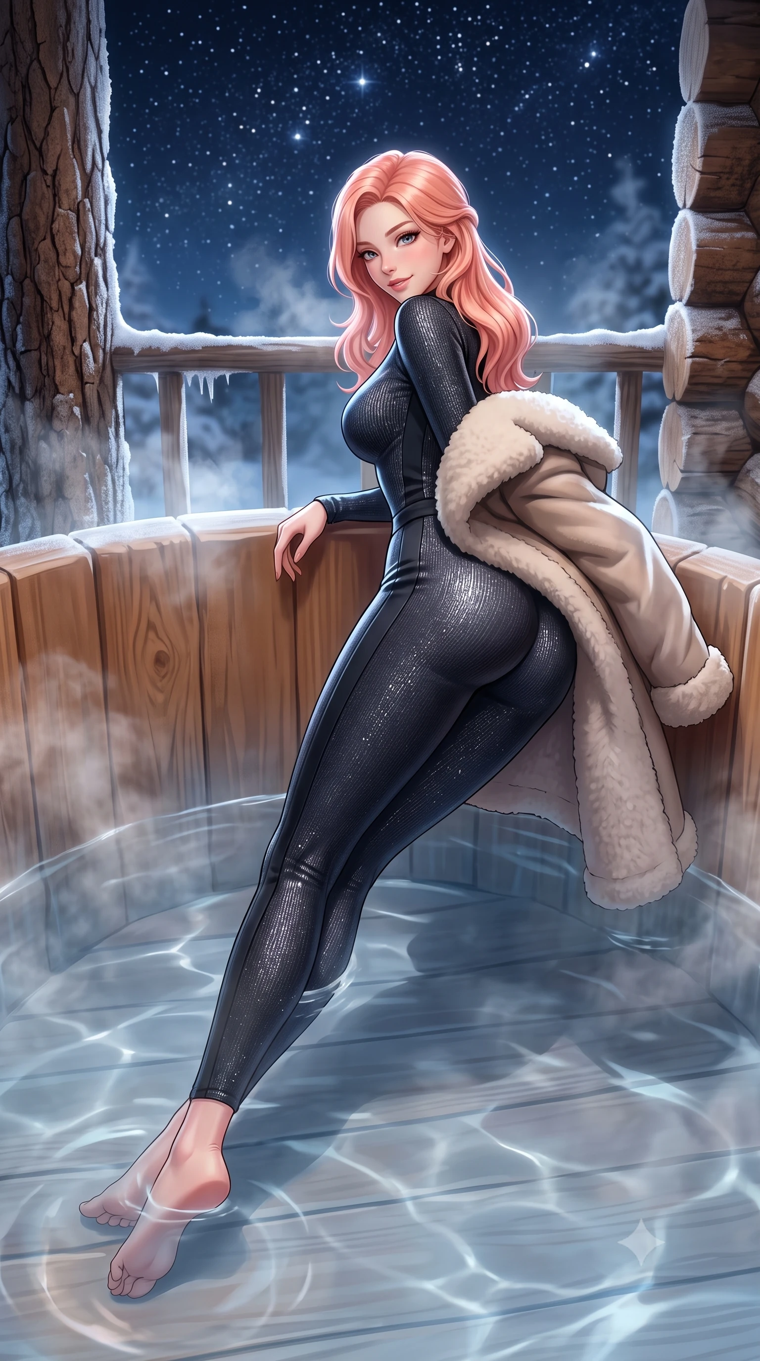 score_9, masterpiece, best quality, ultra-detailed, high-budget anime keyframe, semi-realistic 3D game render, editorial fashion photography, tasteful artistic composition, Japanese woman. low angle full-body shot from head to toe showing her feet, filling the entire 9:16 vertical frame with her statuesque presence, stretching her vertical silhouette. posing with back turned slightly to the lens, glancing back with an enchanting, playful smile as she arches her lower back to emphasize her sculpted feminine hips and slender waist while lounging in an outdoor heated wooden tub propped on one elbow, her long slender legs and flat midriff commanding the frame with enchanting allure. The surrounding environment is rendered in vivid detail and crisp panoramic clarity. sharp hand-hewn Siberian cedar log bark, frost rime on wooden railings, and crystal-clear star cluster clarity in deep focus. She has an exceptionally tall and slender model-like 8.5-heads proportion, an ultra-slim waist, a flat toned midriff, narrow delicate ribcage, and beautifully sculpted feminine hips creating a graceful, slim hourglass silhouette without any bulky heaviness, with impossibly long slender legs. sharp v-shaped jawline, high-bridge nose, sparkling ice-crystal eyes with depth, frosty thick lashes, glossy parted lips with a rosy berry sheen, bright playful smile with an intoxicating seductive glint, rosy flushed cheeks radiating cozy warmth and dangerous allure, flawlessly proportioned anatomical accuracy, strict slender model proportions, natural body alignment, perfectly sculpted long slender limbs, ultra-slim waistline, clean dynamic posture without body distortion. wearing a plunging-V thermal ski jumpsuit in sleek obsidian clinging to her athletic hips and waist in warm mocha brown and vanilla cream, woven from metallic silver lurex thread casting frosty glints in the light, complemented by an oversized plush shearling coat draped casually over one shoulder, the precision-cut side openings and low-back scoop framing her graceful spine and the sensual sweep of her slim, toned hips. illuminated by steaming water caustics and sharp platinum rim lights defining her sculpted collarbones, ultra-slim waist, and curvy hips. highly saturated vibrant anime colors, detailed shading with soft gradients, rich glossy textures, high-contrast stereoscopic depth, volumetric dynamic lighting, master piece, 9:16 ratio
