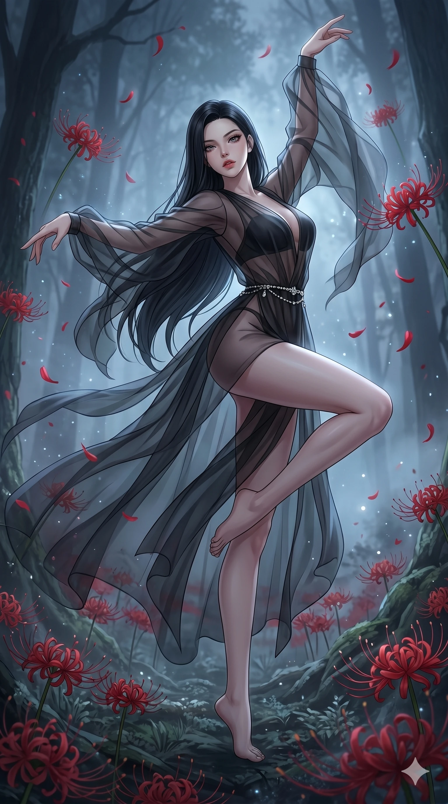 score_9, masterpiece, best quality, ultra-detailed, High-budget Anime Keyframe, East Asian woman. Low angle cowboy shot filling the entire 9:16 frame with her statuesque presence. Scenario 145: Dancing amidst falling red spider lilies in a misty dark forest. Her presence is magnetic and overpowering in this high-budget anime scene. Outfit 145: A sheer organza bare with a high-cut leg line and translucent layers. The clothing is designed to emphasize her exceptionally tall and slender 8-heads proportion. 8-heads proportion, towering silhouette, ultra-slim waist. sharp v-shaped jawline, intricate jewel-like eyes with depth, thick eyelashes, glossy lips. 2k, ultra detail, master piece, 9:16 ratio