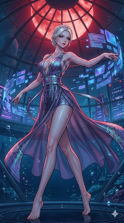score_9, masterpiece, best quality, ultra-detailed, high-budget anime movie keyframe, cinematic anime lighting, intricate line art, Korean anime girl. Low angle cowboy shot filling the entire 9:16 frame with her statuesque presence. dancing with data