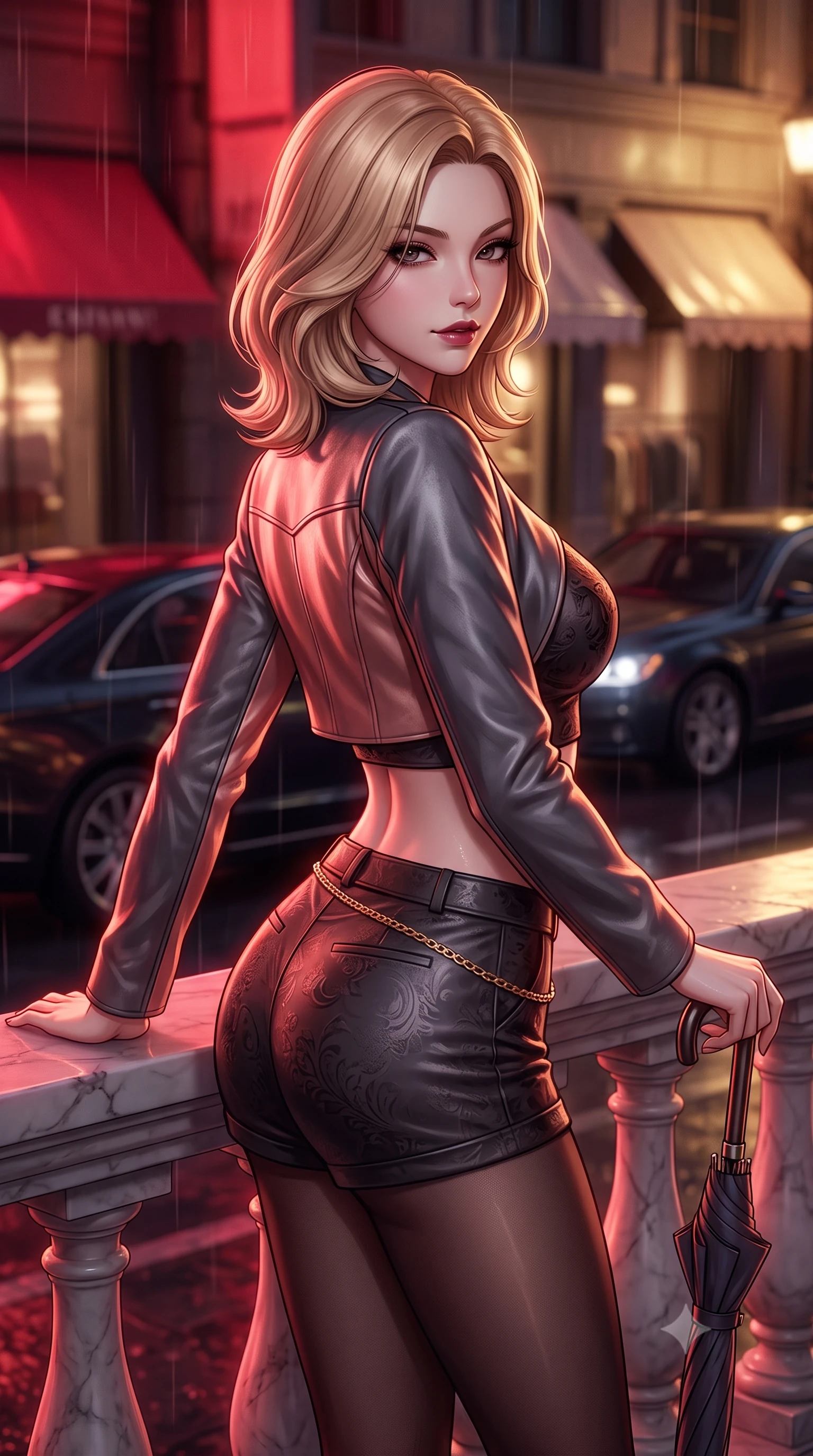 score_9, masterpiece, best quality, ultra-detailed, high-budget anime keyframe, semi-realistic 3D game render, editorial fashion photography, tasteful artistic composition, Korean woman. close-up cowboy shot from the waist and thighs up, the character dominates the composition, filling the frame with her large presence. resting one elbow on the marble balustrade while arching her spine with dancer poise, her dark bedroom-eyes casting a magnetic sidelong glance while resting one hand on the umbrella handle while turning in an alluring contrapposto stance, her smoldering bedroom-eyes holding the lens with magnetic intensity. The composition keeps background elements in soft focus with dreamy creamy bokeh. passing dark luxury sedans and glossy storefront awnings softened in moody Tokyo noir shallow focus. She has an exceptionally elegant, slender, and willowy female figure with an ultra-slim waist, flat toned midriff, narrow ribcage, and sculpted feminine hips creating an alluring, slim hourglass silhouette without bulk. sharp v-shaped jawline, high-bridge nose, intricate jewel-like dark sparkling eyes with dangerous depth, thick curled eyelashes, glossy parted lips with a rich wine sheen, smoldering seductive half-smile with bedroom-eyes, exuding effortless superiority and intoxicating dark allure, flawlessly proportioned anatomical accuracy, strict slender model proportions, natural body alignment, perfectly sculpted long slender limbs, ultra-slim waistline, clean dynamic posture without body distortion. wearing a chic cropped lambskin leather bolero jacket paired with high-waisted leather micro-shorts and sheer black hosiery in smoky charcoal slate and molten rose gold, tailored from rich silk jacquard with subtle embossed baroque patterns, finished with a delicate gold snake chain belt resting loosely across her curvy hips, the form-contouring cut accentuating her sculpted flat midriff, narrow delicate ribcage, and gracefully curvy hips with sovereign high-fashion precision. bathed in intense saturated crimson and warm gold neon underlights contrasting with dark rain-soaked shadow tones. highly saturated vibrant anime colors, detailed shading with soft gradients, rich glossy textures, high-contrast stereoscopic depth, volumetric dynamic lighting, master piece, 9:16 ratio