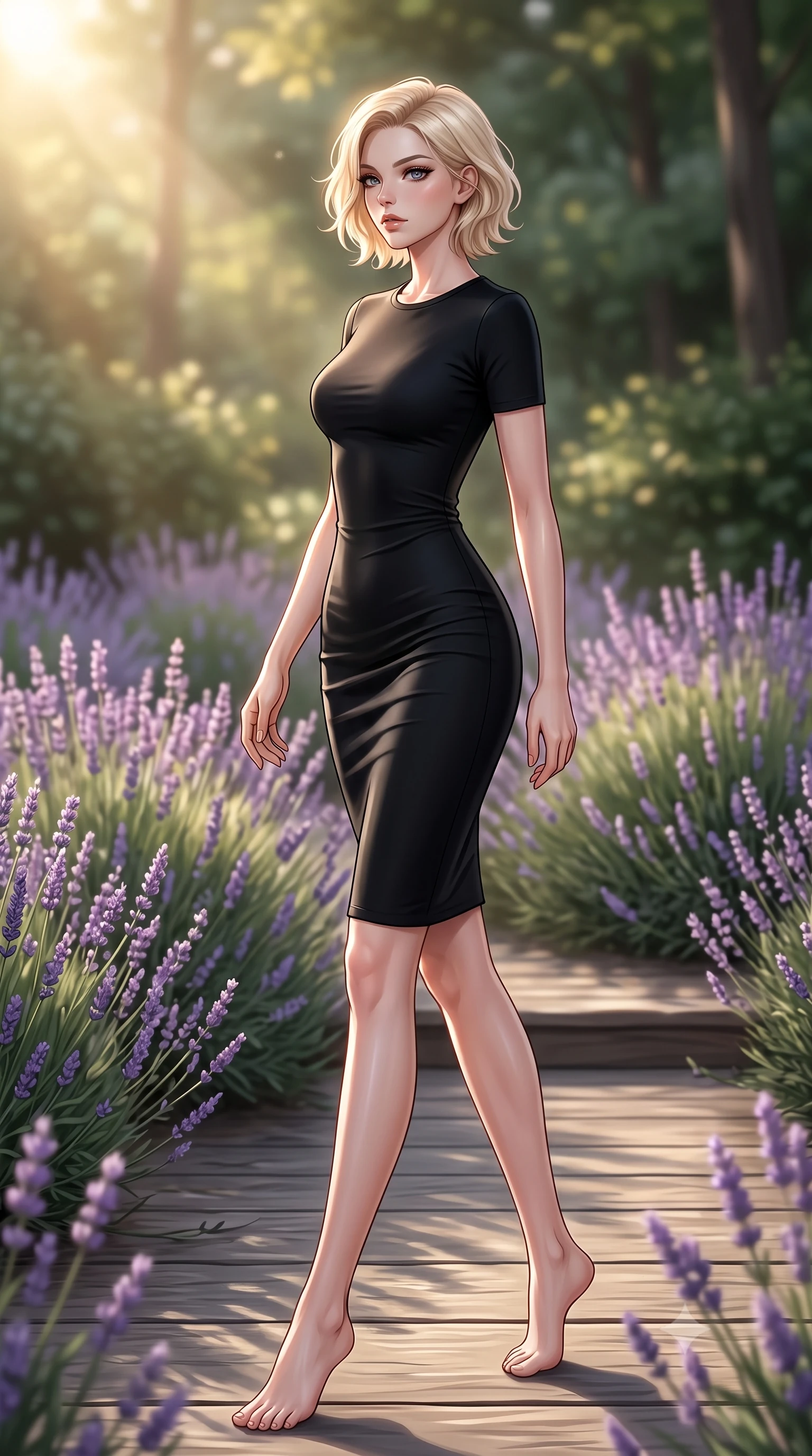 score_9, masterpiece, best quality, ultra-detailed, high-budget anime keyframe, editorial fashion photography, tasteful artistic composition, Caucasian woman. low angle full-body shot from head to toe showing her feet, filling the entire 9:16 vertical frame with her statuesque presence, stretching her vertical silhouette. stepping gracefully while looking back over her shoulder, her dress draped tightly to reveal her silhouette the background shows a soft-focus a private garden deck at a forest retreat, surrounded by wild lavender bushes. She has an absolutely perfect, statuesque 8.5-heads proportion, an exceptionally tall and slender model-like female figure with impossibly long slender legs and an ultra-slim waist. sharp v-shaped jawline, high-bridge nose, intricate jewel-like eyes with depth, thick eyelashes, glossy lips with a natural sheen. wearing a body-hugging form-fitting black bodycon dress in structured crepe fabric with a simple crew neck. soft golden afternoon sunbeams, casting a peaceful country glow. ultra-reflective glossy finish, specular highlights, metallic sheen, high-contrast stereoscopic depth, volumetric dynamic lighting, 2k, ultra detail, master piece, 9:16 ratio