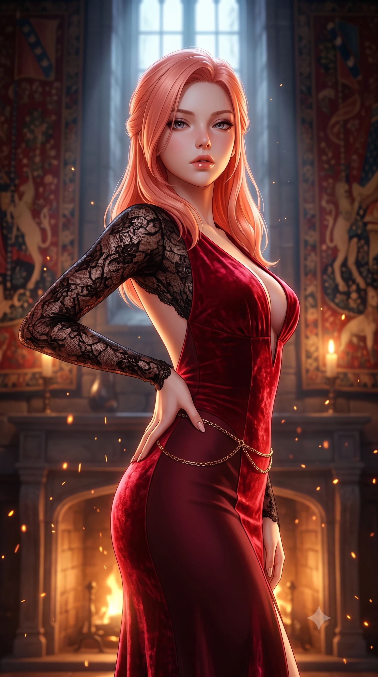 score_9, masterpiece, best quality, ultra-detailed, high-budget anime keyframe, semi-realistic 3D game render, editorial fashion photography, tasteful artistic composition, Japanese woman. close-up cowboy shot from the waist and thighs up, the character dominates the composition, filling the frame with her large presence. resting one manicured hand delicately on her hip bone, her upper body turning in a fluid, seductive S-curve while parted lips glisten in the light while standing poised between towering medieval armorial tapestries, twisting her slender torso in a deep contrapposto stance with smoldering bedroom-eyes. The composition keeps background elements in soft focus with creamy bokeh. rising fireplace sparks and candle flame refractions scattering warm decadent amber light motes. She has an exceptionally elegant, slender, and willowy female figure with an ultra-slim waist, flat toned midriff, narrow ribcage, and sculpted feminine hips creating an alluring, slim hourglass silhouette without bulk. sharp v-shaped jawline, high-bridge nose, intricate jewel-like eyes with depth, thick eyelashes, glossy parted lips with a natural sheen, intensely captivating and seductive bedroom-eyes expression, flawlessly proportioned anatomical accuracy, strict slender model proportions, natural body alignment, perfectly sculpted long slender limbs, ultra-slim waistline, clean dynamic posture without body distortion. wearing a plunging-V neckline crushed crimson velvet opera gown with delicate black lace sleeves and bare back in desert terracotta copper and sun-baked sand gold, tailored from water-resistant treated wool gabardine and flexible stretch silk, accented with a delicate gold chain belt resting loosely on her curvy hips, the precision-cut side openings and low-back scoop framing her graceful spine and the sensual sweep of her slim, toned hips. bathed in roaring stone hearth firelight from below and cool misty daylight streaming from towering castle windows. highly saturated vibrant anime colors, detailed shading with soft gradients, rich glossy textures, high-contrast stereoscopic depth, volumetric dynamic lighting, master piece, 9:16 ratio