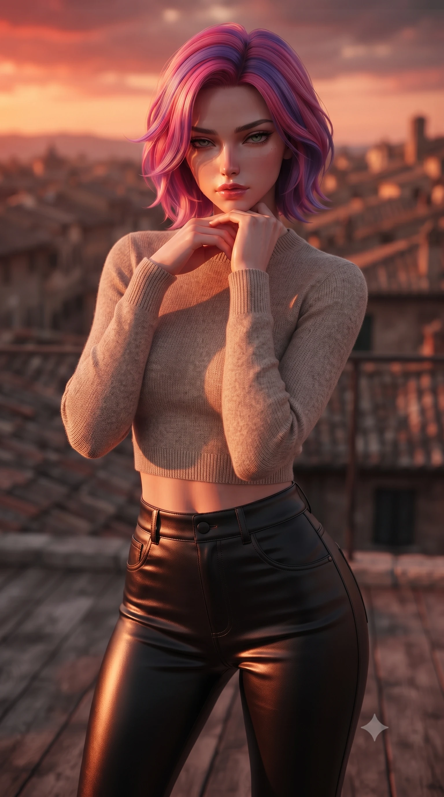 score_9, masterpiece, best quality, ultra-detailed, high-budget anime keyframe, editorial fashion photography, tasteful artistic composition, Caucasian woman woman. close-up cowboy shot from the waist and thighs up, the character dominates the composition, filling the frame with her large presence, background elements kept in soft focus. resting her chin on the backs of her fingers, casting a heavy-lidded, sultry look past the camera the background shows a soft-focus a simple rooftop platform with a wooden floor, looking over the tiled roofs of the town. She has an exceptionally elegant, slender, and willowy female figure with an ultra-slim waist, a gracefully sculpted slender torso, and a refined silhouette. sharp v-shaped jawline, high-bridge nose, intricate jewel-like eyes with depth, thick eyelashes, glossy lips with a natural sheen. wearing a tailored tight-fitting crop sweater in oatmeal wool, paired with high-waisted form-fitting pants. the orange and red glow of a beautiful sunset sky. ultra-reflective glossy finish, specular highlights, metallic sheen, high-contrast stereoscopic depth, volumetric dynamic lighting, 2k, ultra detail, master piece, 9:16 ratio