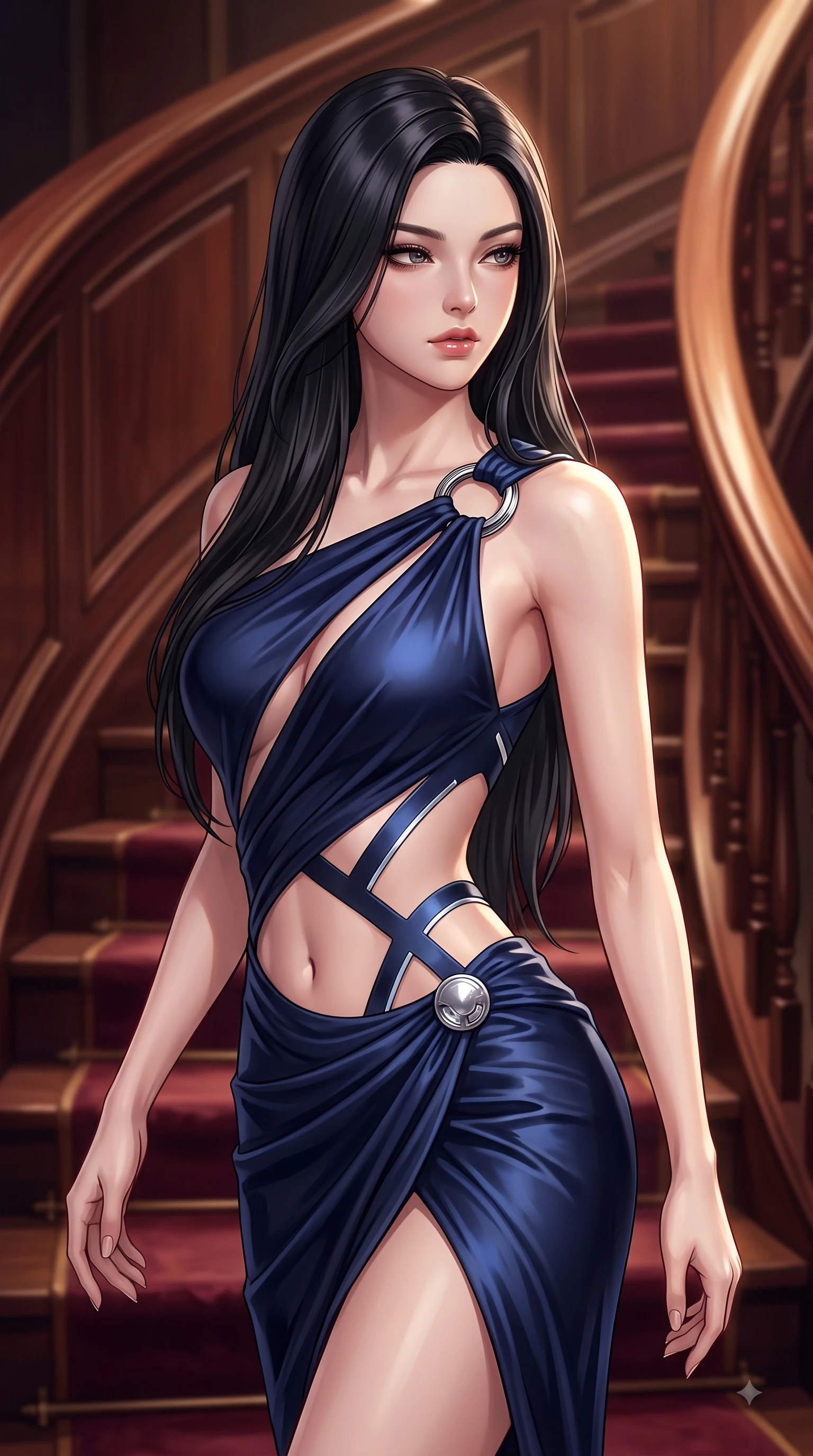 score_9, masterpiece, best quality, ultra-detailed, high-budget anime keyframe, editorial fashion photography, tasteful artistic composition, Korean woman. close-up cowboy shot from the waist and thighs up, the character dominates the composition, filling the frame with her large presence, background elements kept in soft focus. Gazing past the lens with smoldering intensity as her torso curves dynamically in mid-stride while pivoting gracefully on a mahogany spiral staircase, casting a seductive sidelong gaze over her shoulder, rich velvet and polished wood textures reflecting brilliant warm highlights. She has an exceptionally elegant, slender, and willowy female figure with an ultra-slim waist, a gracefully sculpted slender torso, and a refined silhouette. sharp v-shaped jawline, high-bridge nose, intricate jewel-like eyes with depth, thick eyelashes, glossy lips with a natural sheen, flawlessly proportioned anatomical accuracy, natural body alignment, perfectly sculpted elegant limbs, clean dynamic posture without body distortion. wearing an asymmetrical Grecian draped chiffon gown with a metallic shoulder ring in midnight navy blue and chrome trim, crafted from lustrous satin jersey with fluid draping, featuring subtle geometric cutouts that highlight her ultra-slim midriff, the sleek second-skin texture accentuating her magnetic presence. illuminated by a dramatic key light casting elegant chiaroscuro shadows. highly saturated vibrant anime colors, detailed shading with soft gradients, rich glossy textures, high-contrast stereoscopic depth, volumetric dynamic lighting, master piece, 9:16 ratio