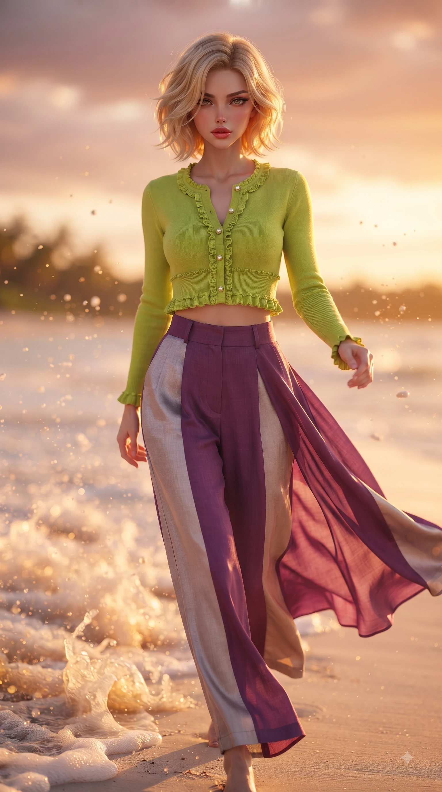 score_9, masterpiece, best quality, ultra-detailed, high-budget anime keyframe, editorial fashion photography, tasteful artistic composition, Caucasian woman. close-up cowboy shot from the waist and thighs up, the character dominates the composition, filling the frame with her large presence. Seductively magnetic look casting a fiery side-gaze with full glossy lips and smoldering glamour while stepping along a secluded white sand beach as warm golden tide foam sweeps near her feet. The composition keeps background elements in soft focus with dreamy bokeh. sea spray mist particles scattering warm sunset light into a soft backdrop. She has an exceptionally elegant, slender, and willowy female figure with an ultra-slim waist, a gracefully sculpted slender torso, and a refined silhouette. sharp v-shaped jawline, high-bridge nose, intricate jewel-like eyes with depth, thick eyelashes, glossy lips with a natural sheen, flawlessly proportioned anatomical accuracy, natural body alignment, perfectly sculpted elegant limbs, clean dynamic posture without body distortion. wearing a bright lime green cropped cardigan paired with high-waist white linen trousers in rich plum violet and metallic platinum, woven from fine lightweight chiffon fluttering gracefully, accented with delicate pearl buttons and refined ruffle trims, the fluid drape swaying gracefully with her dynamic editorial movement. illuminated by a dramatic rose-gold sky glow with vivid rim highlights. ultra-reflective glossy finish, specular highlights, metallic sheen, high-contrast stereoscopic depth, volumetric dynamic lighting, 2k, ultra detail, master piece, 9:16 ratio